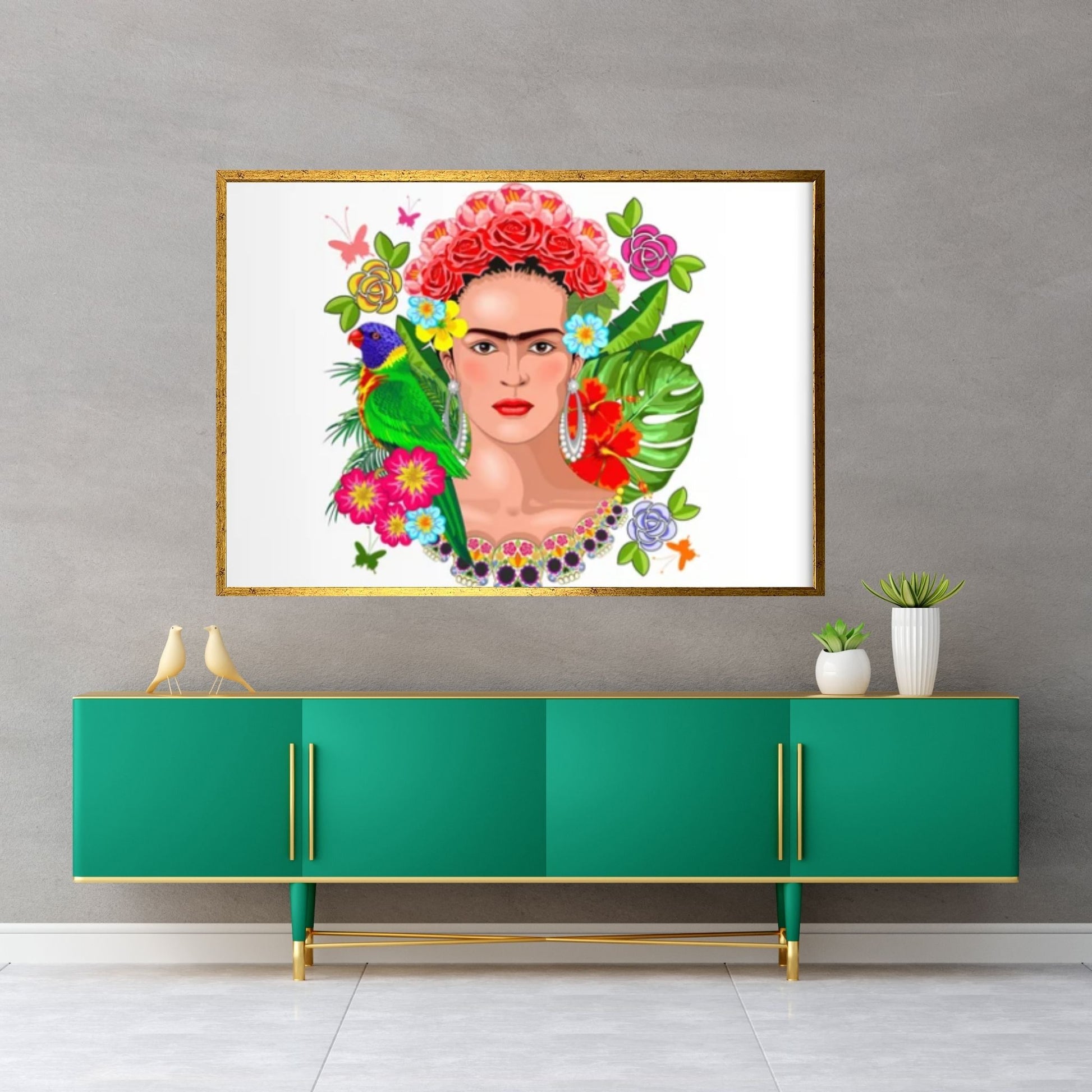 Frida Kahlo Art Canvas Wall Art, Holding a Cup of Tea & Cigarette Decoration - Y Canvas