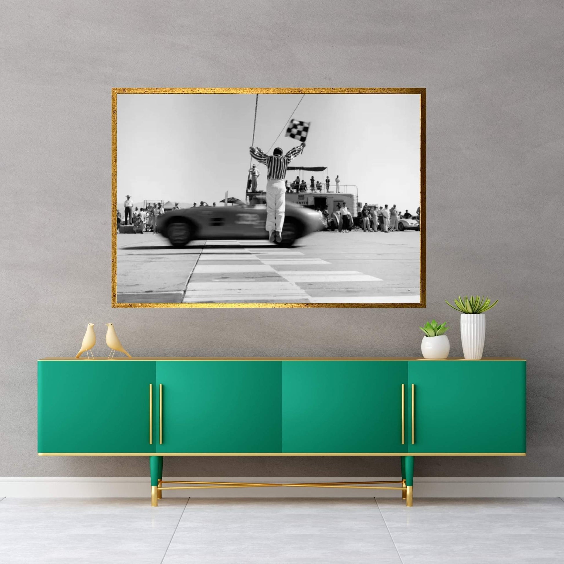 1960s Man Jumping Waving Checkered Flag For Winning Sports Car Crossing The Finish Line Canvas Wall Art - Y Canvas