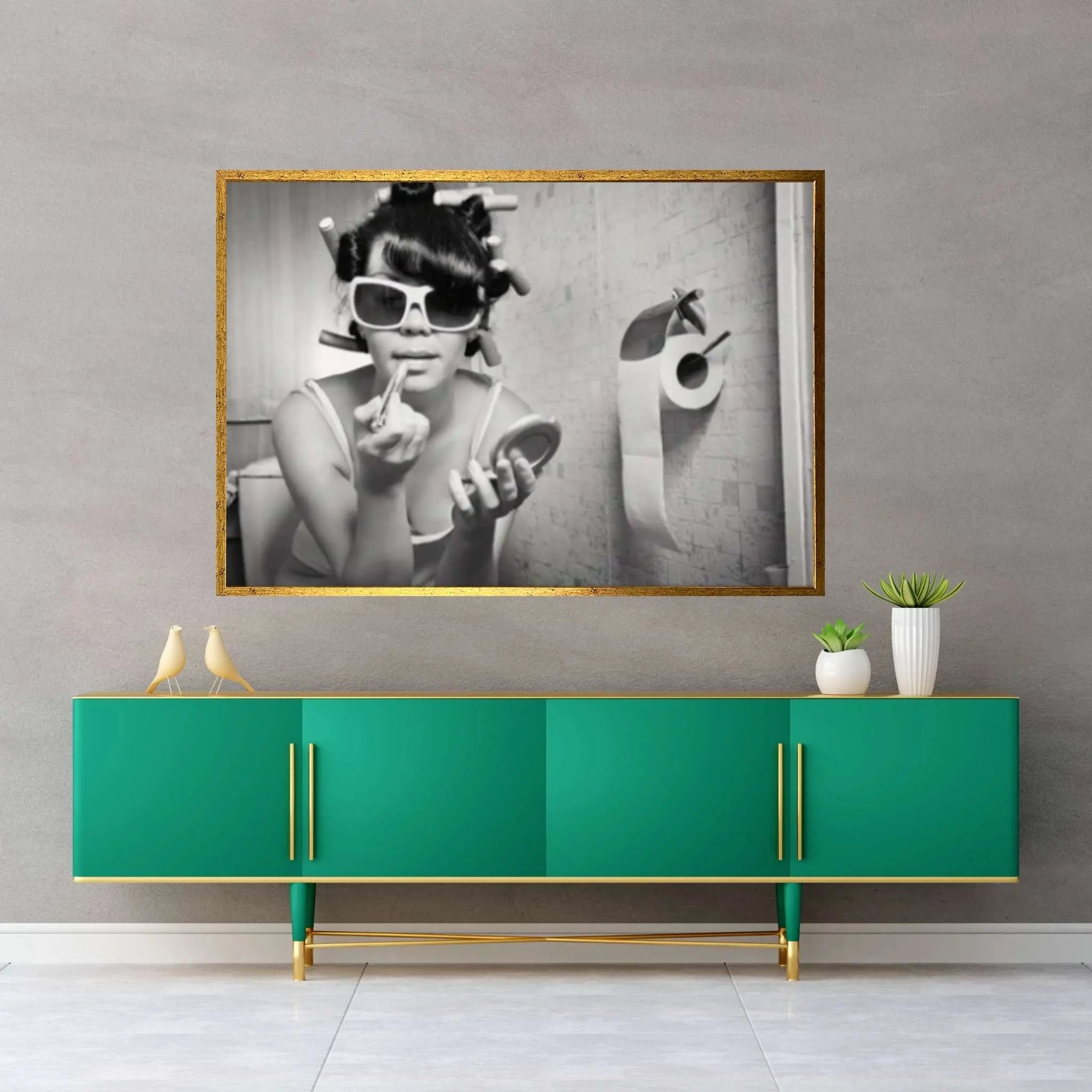 Bathroom Wall Art Woman Drinking Toilet And Smoking Girl Bathroom Wall Decor Fashion Funny Bathroom Art,Girl on the Toilet Lipstick Makeup - Y Canvas