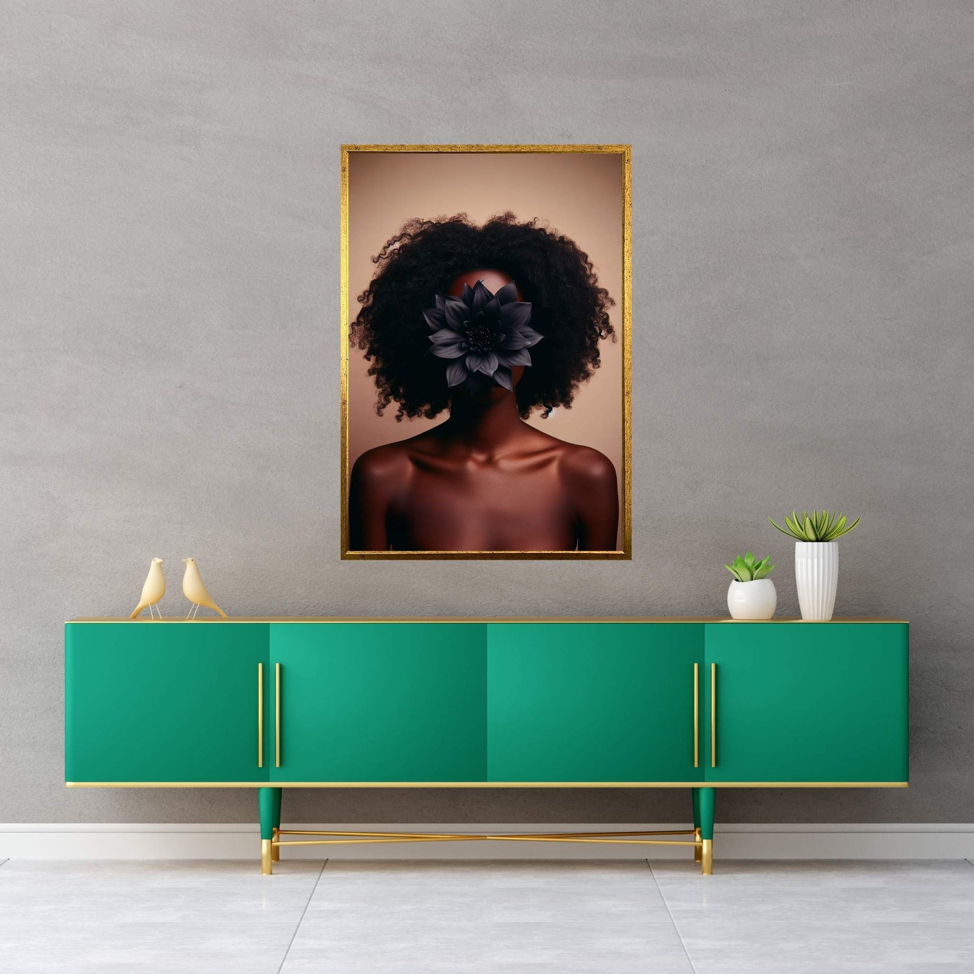 African Black Woman Canvas Flower Portrait Canvas Wall Art - Y Canvas