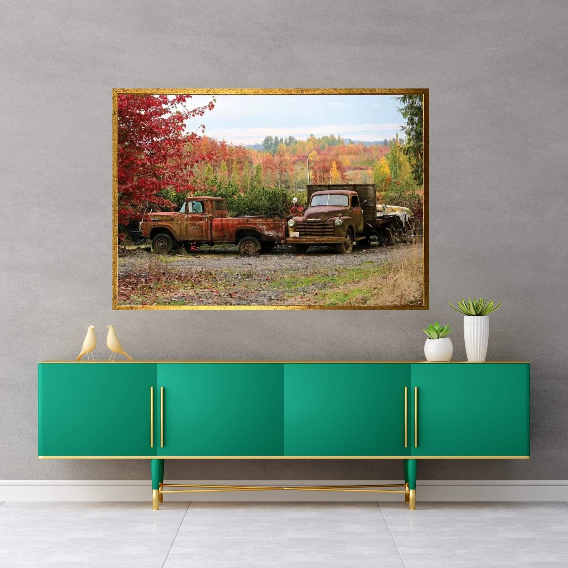 Two Autumn Vintage Trucks Canvas Wall Art - Y Canvas