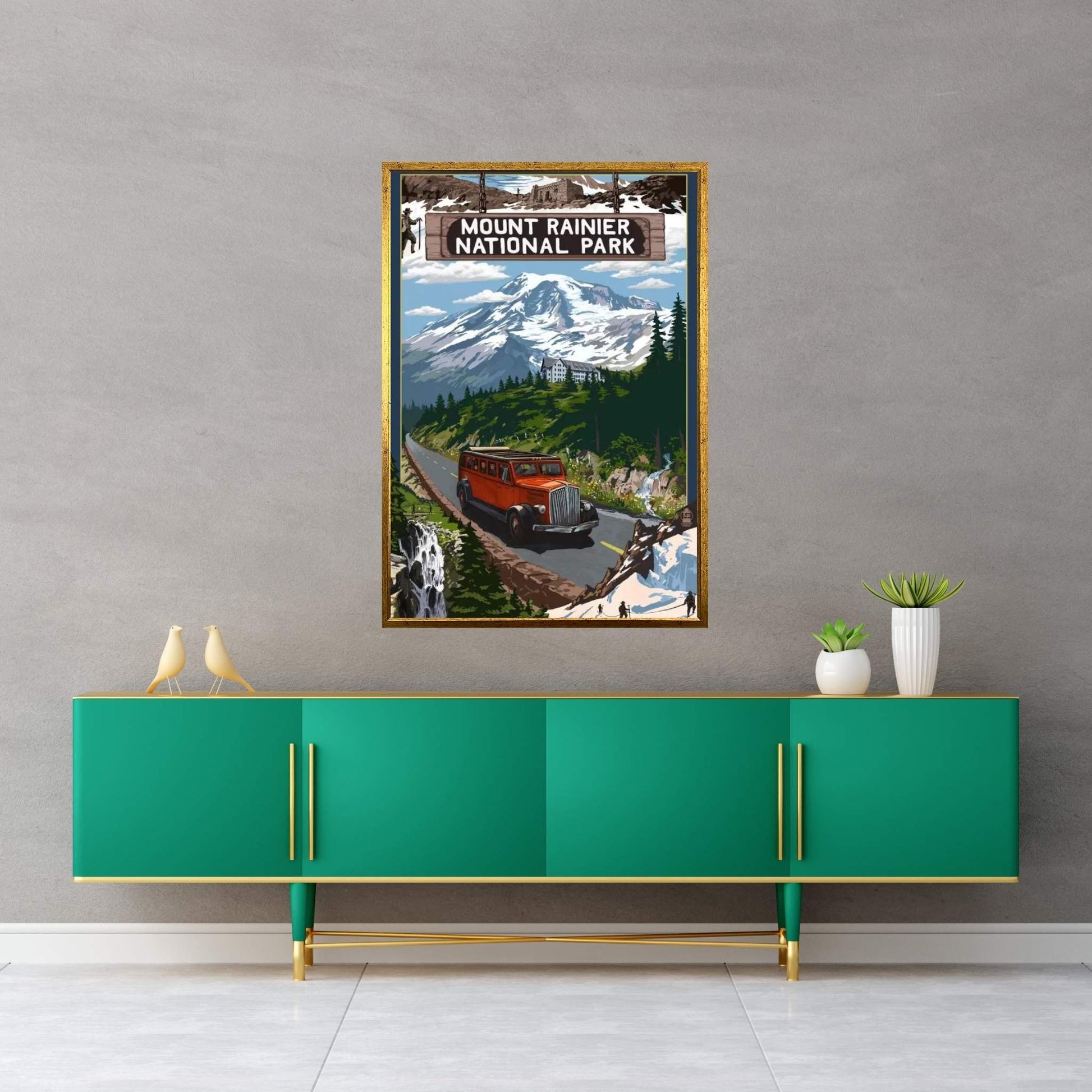 Mount Rainier National Park (Historic Red Bus) Canvas Wall Art - Y Canvas