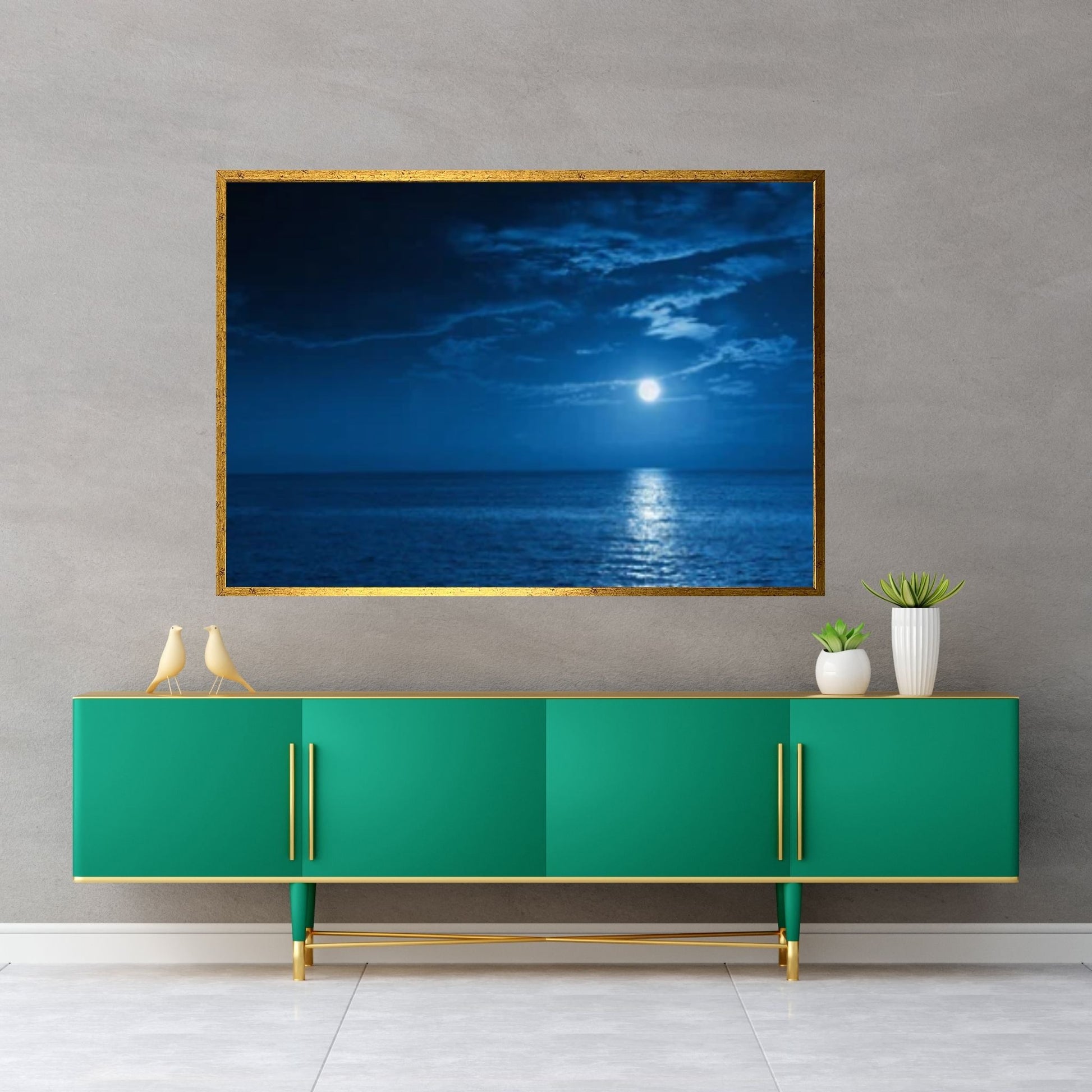 Sea At Night Vintage Canvas Wall Art Painting - Seascape Oil Canvas Painting - Sea Under Night Moonlight Art Print - Y Canvas