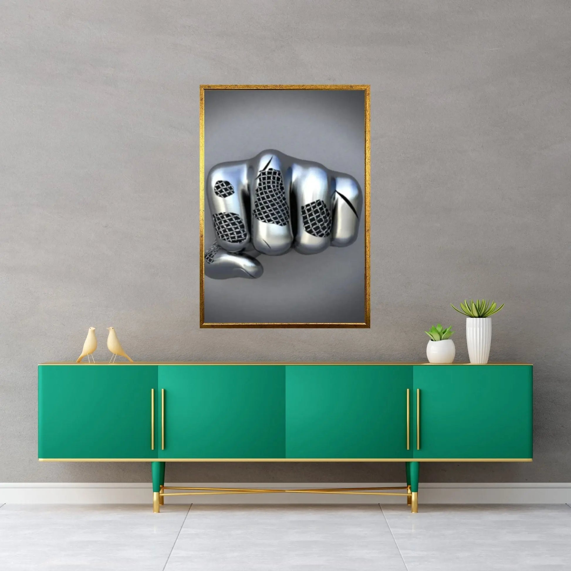 3D Effect Fist Wall Canvas, Metalic Silver Effect Hand Metallic Canvas - Y Canvas