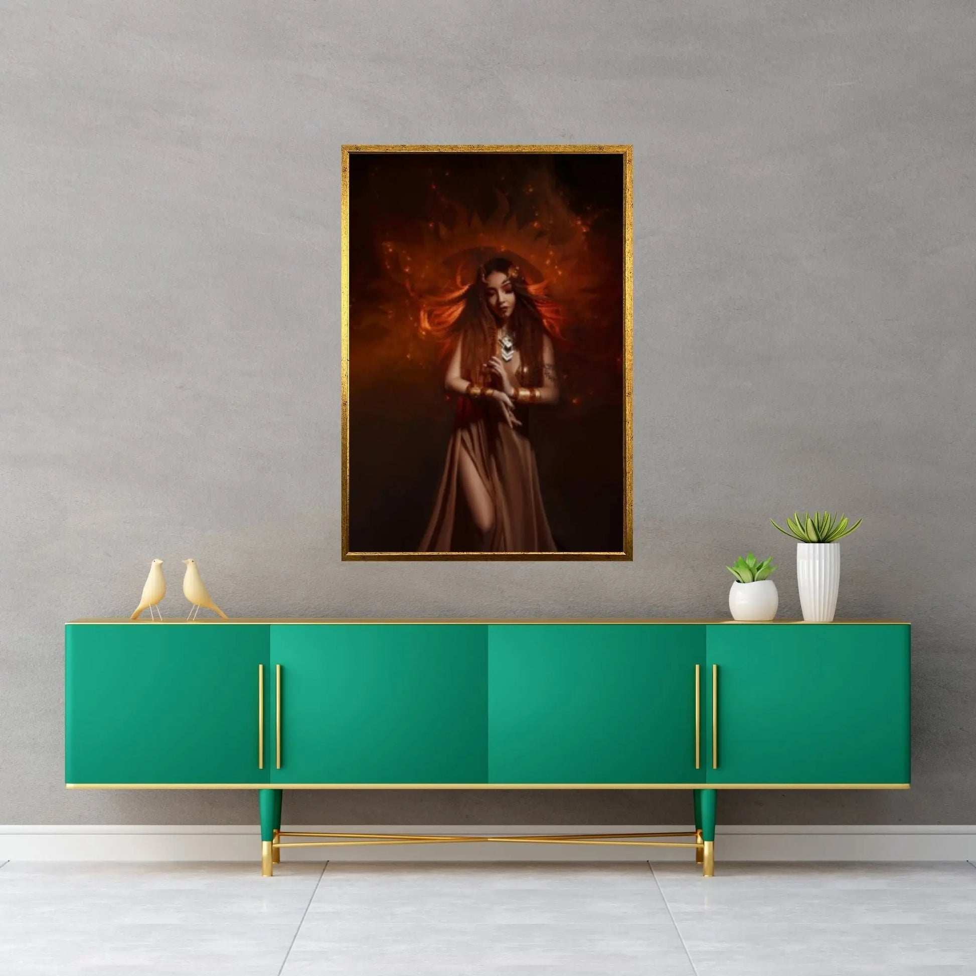 Beautiful Sexy Woman Print Canvas Wall Art , red-haired girl - a priestess of the sun. Dress and jewelry in ethnic style - Y Canvas