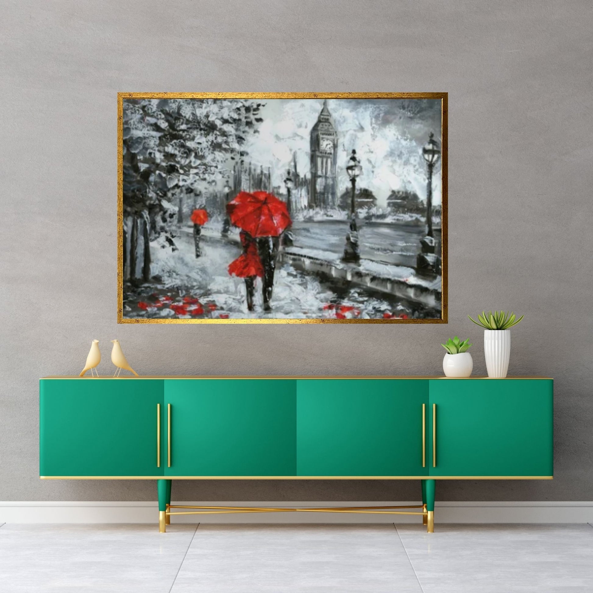 England Bridge illustration Man and woman under red umbrella photo, London street Oil painting - Y Canvas