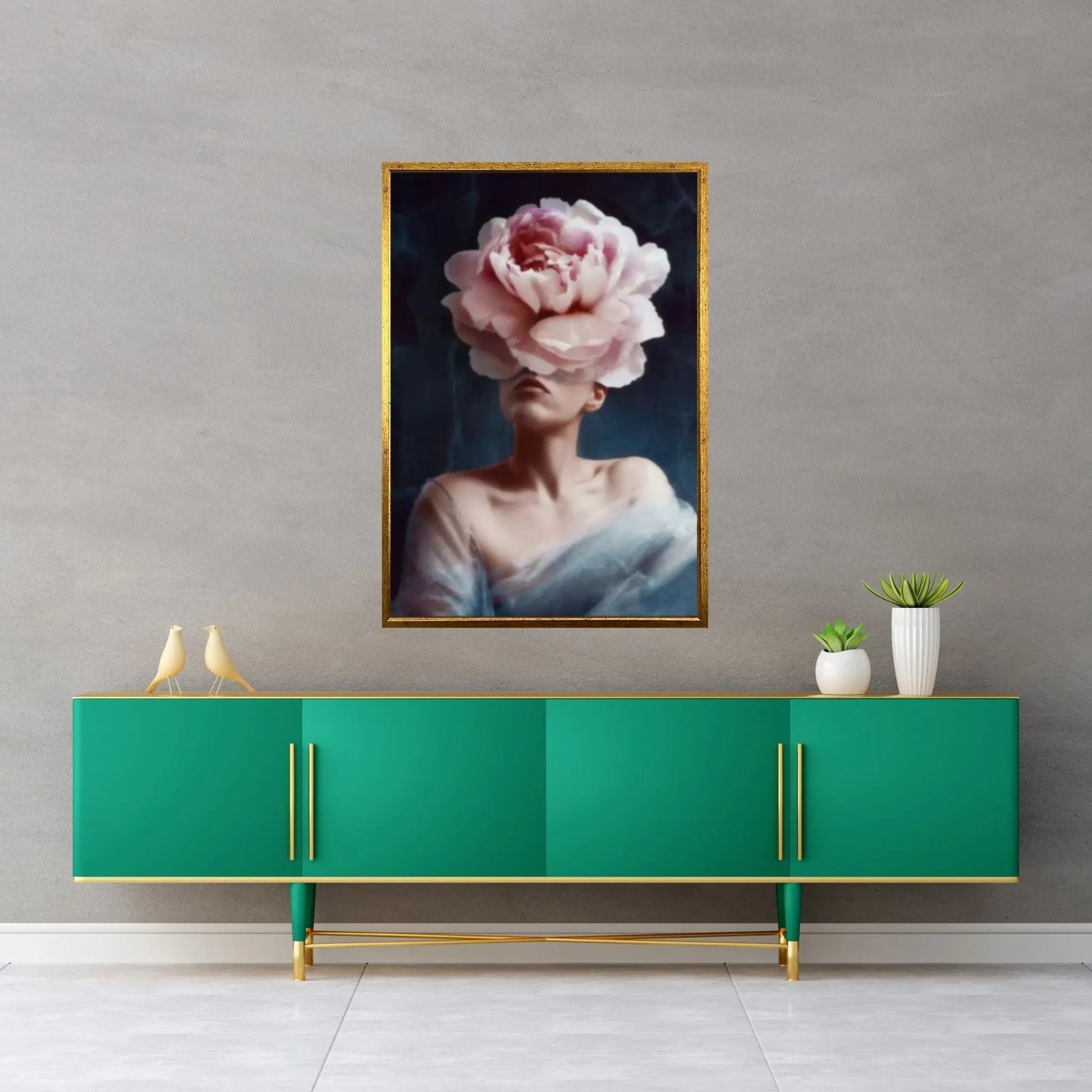 Dazzling Beauty: Woman Canvas with Pink Flower Head - Y Canvas