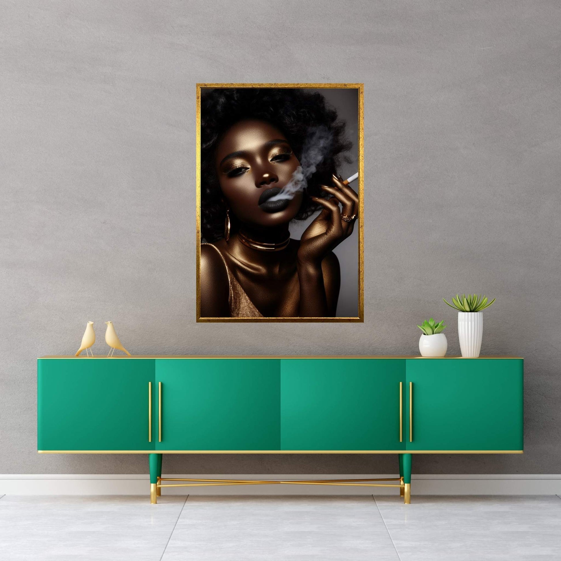 African Black Woman Gold Make-up Smoke Canvas Portrait Canvas Wall Art - Y Canvas