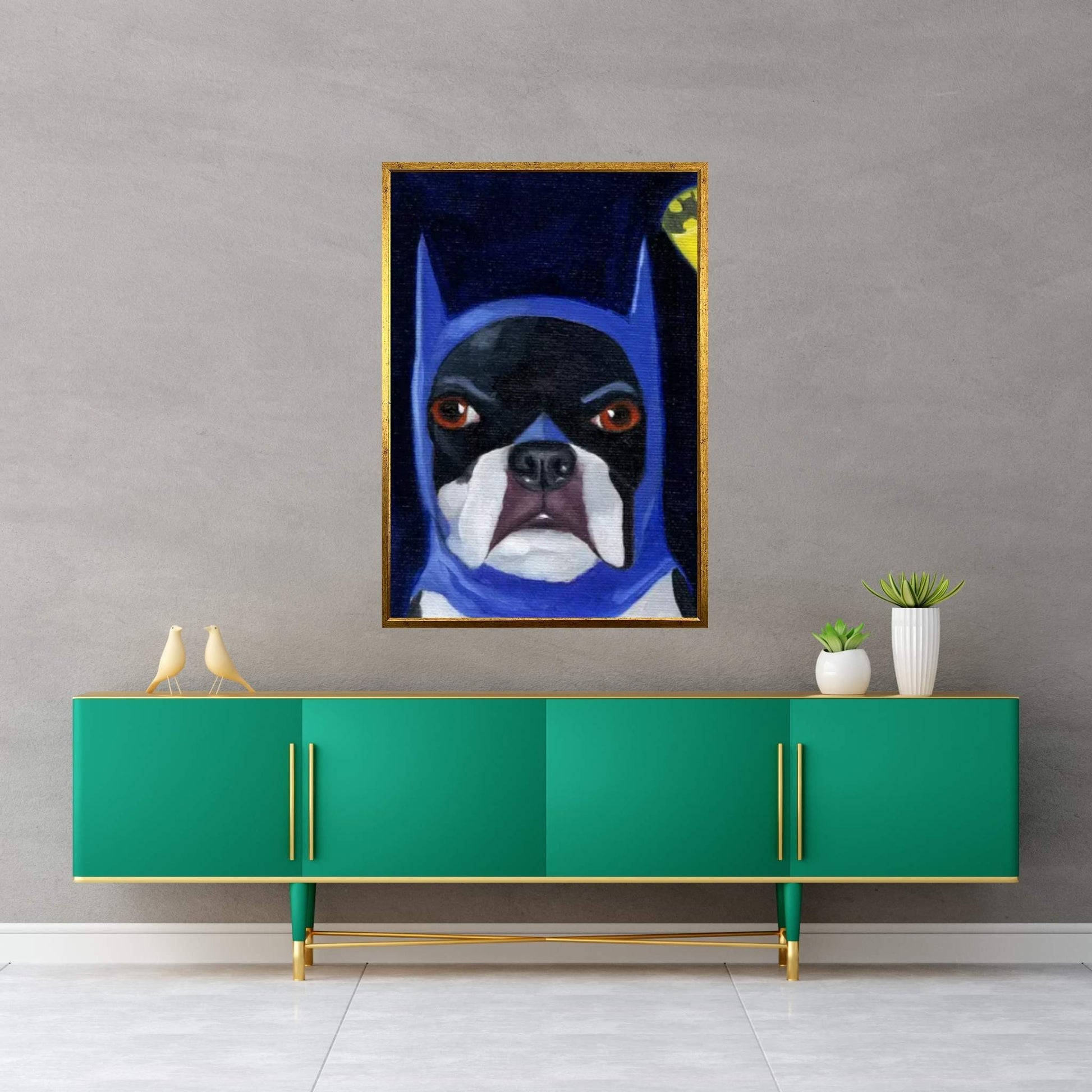 Boston Terriers Wearing Hats XVI (Batman) Canvas Wall Art - Y Canvas