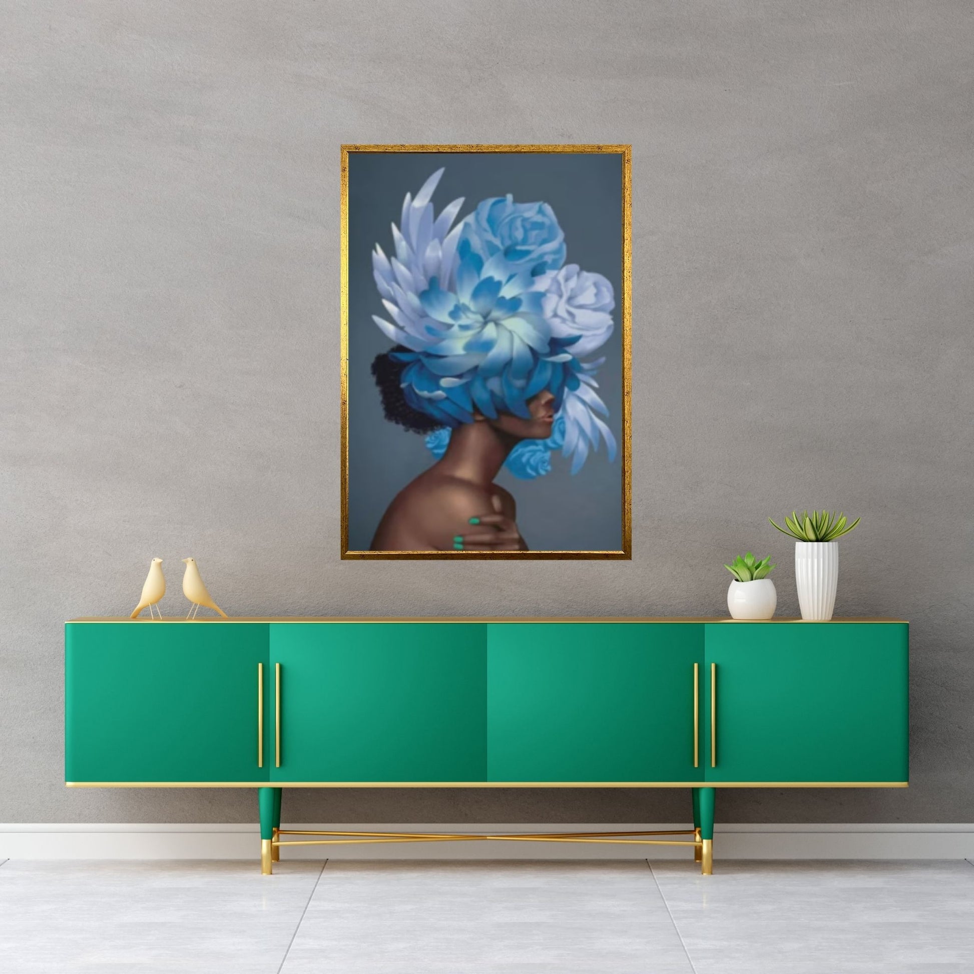 Woman With Blue Roses Canvas Art, Floral Head Woman Art Woman Wall Art, Red Roses Art - Y Canvas