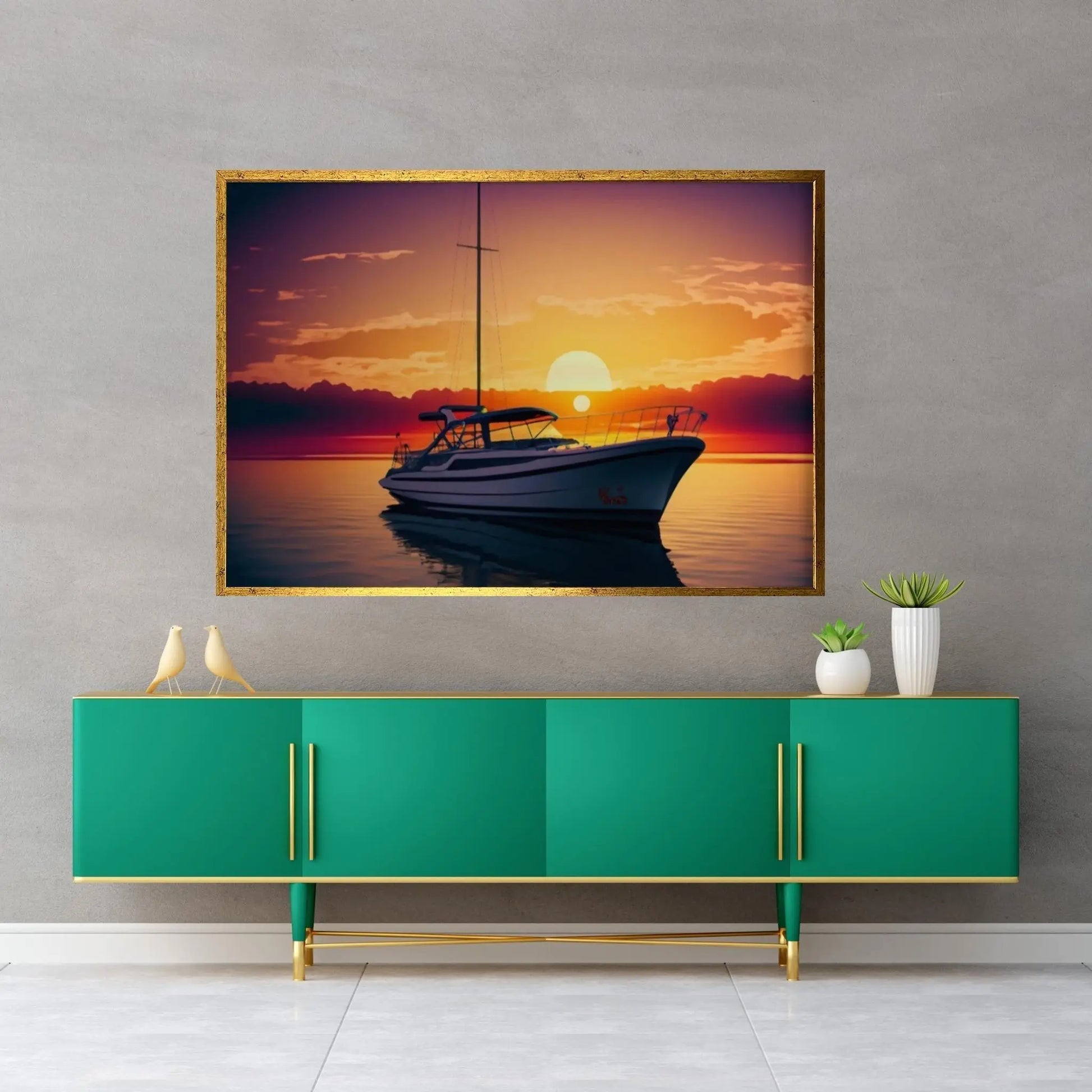 Sunset and Boat Canvas Wall Art, Home Decor Landscape Art Print - Y Canvas