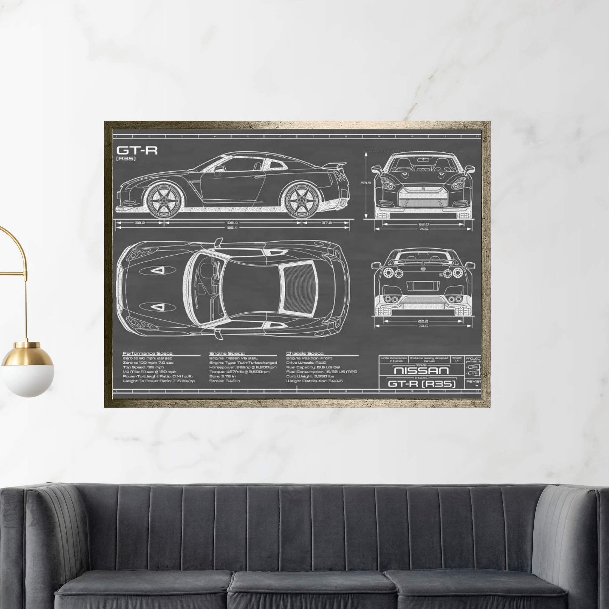 Nissan GT-R (R35) Skyline | Black Canvas Wall Art - Y Canvas