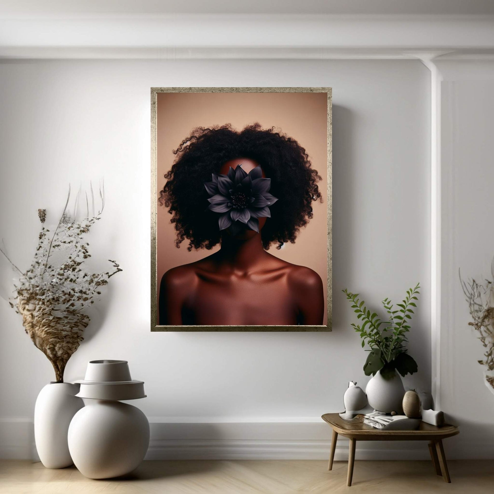 African Black Woman Canvas Flower Portrait Canvas Wall Art - Y Canvas