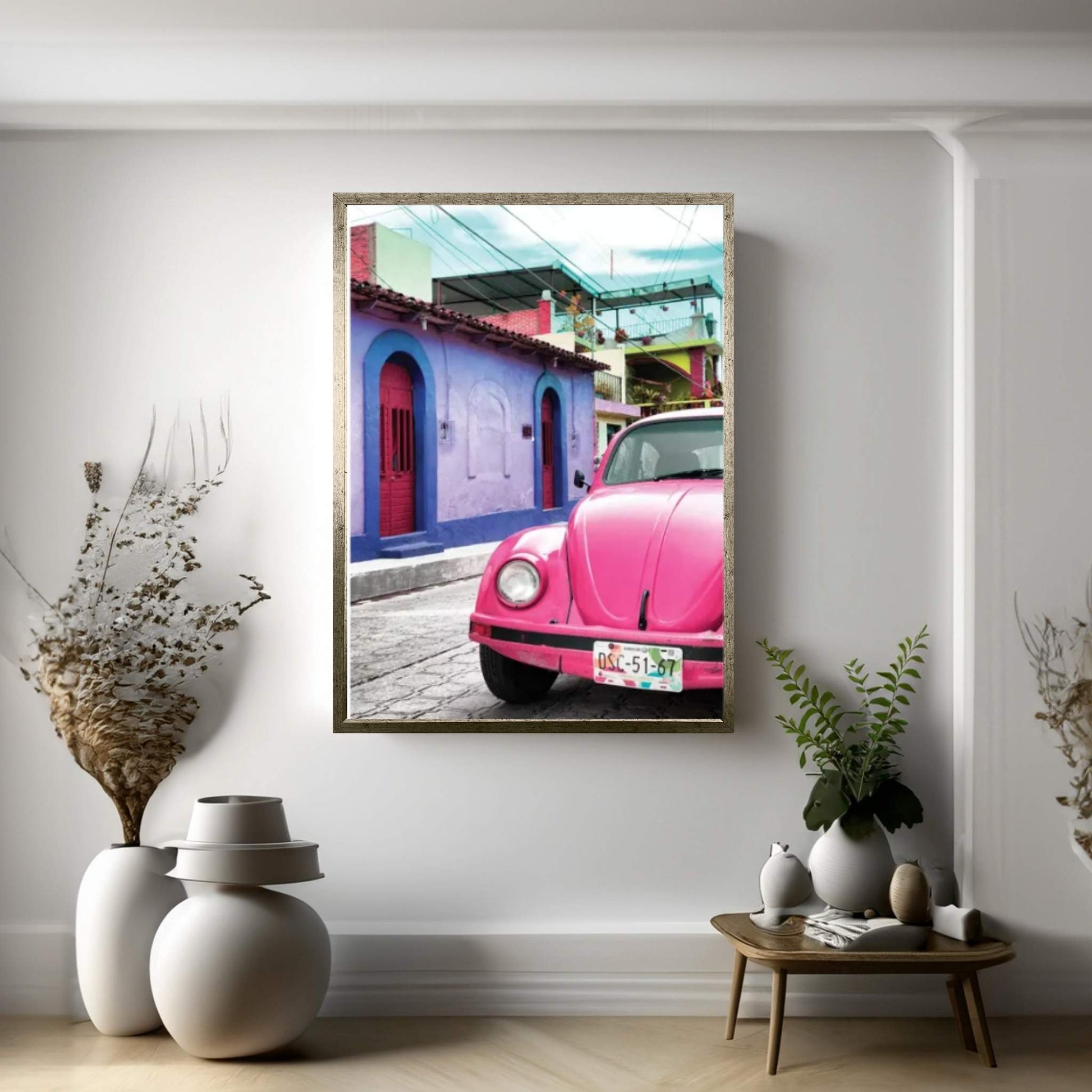 Pink VW Beetle Car Canvas Wall Art - Y Canvas