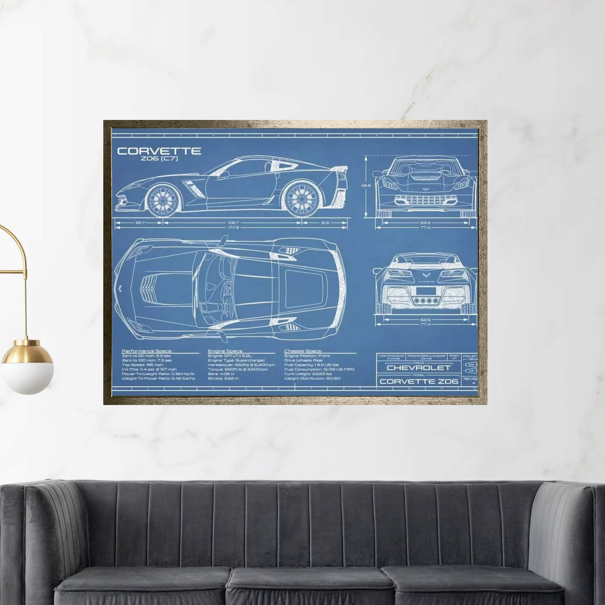 Corvette (C7) Z06 Blueprint Canvas Wall Art - Y Canvas