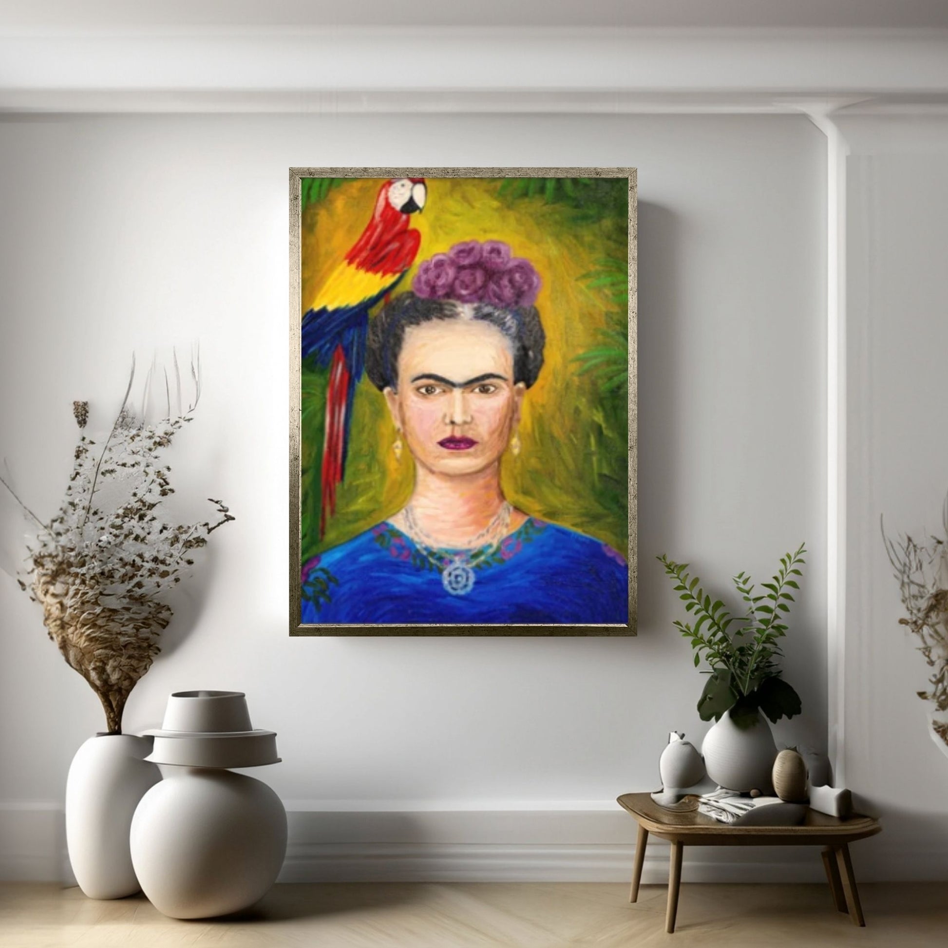 Frida Kahlo Art Canvas Wall Art, Holding a Cup of Tea & Cigarette Decoration - Y Canvas