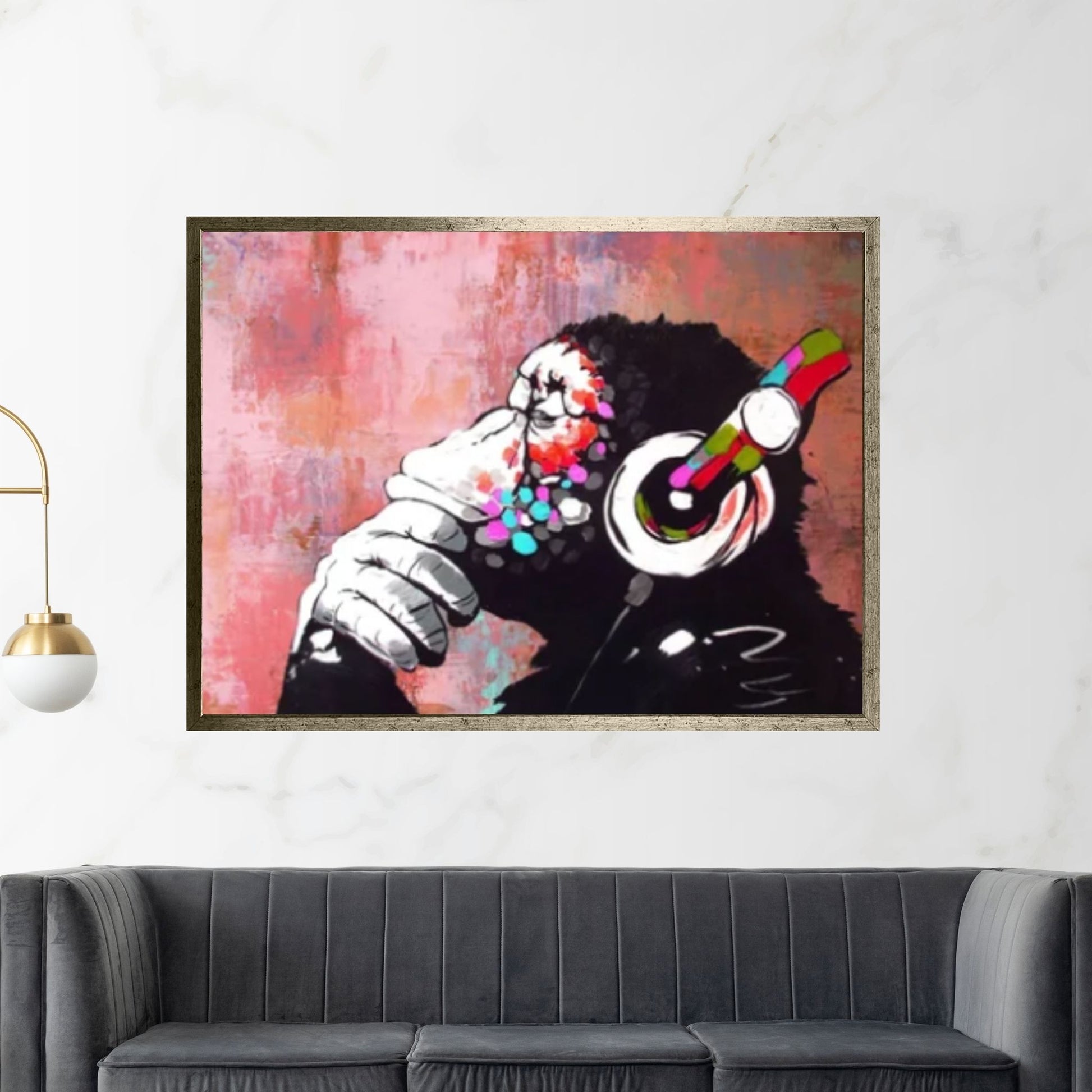 Banksy Dj Monkeycanvas Wall Art, Thinking Monkey Canvas Print, Animal Wall Art, Headphone Monkey - Y Canvas