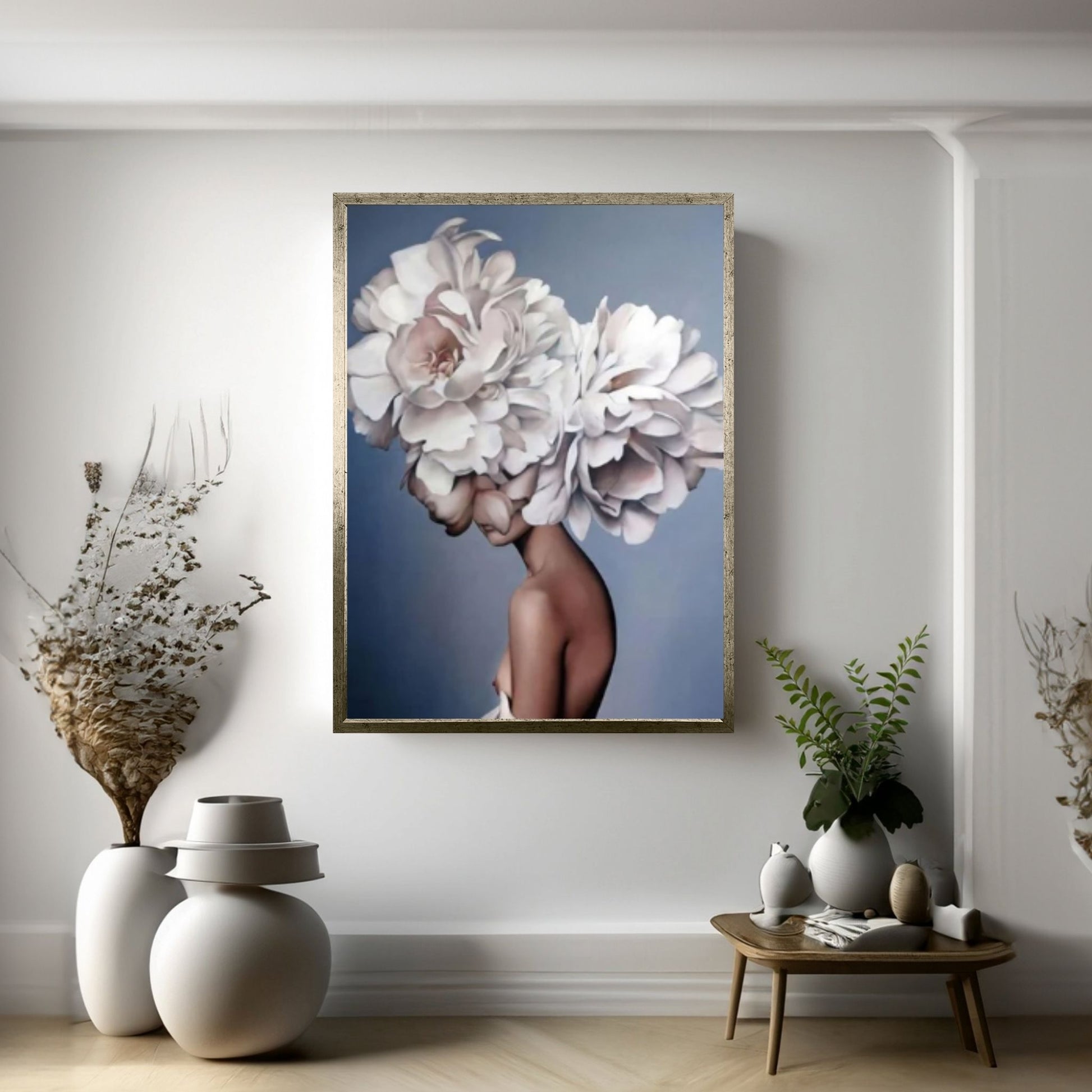 Floral Female Head Canvas Art, White Rose Wall Art, Roses and Woman, Floral Head Woman Art - Y Canvas