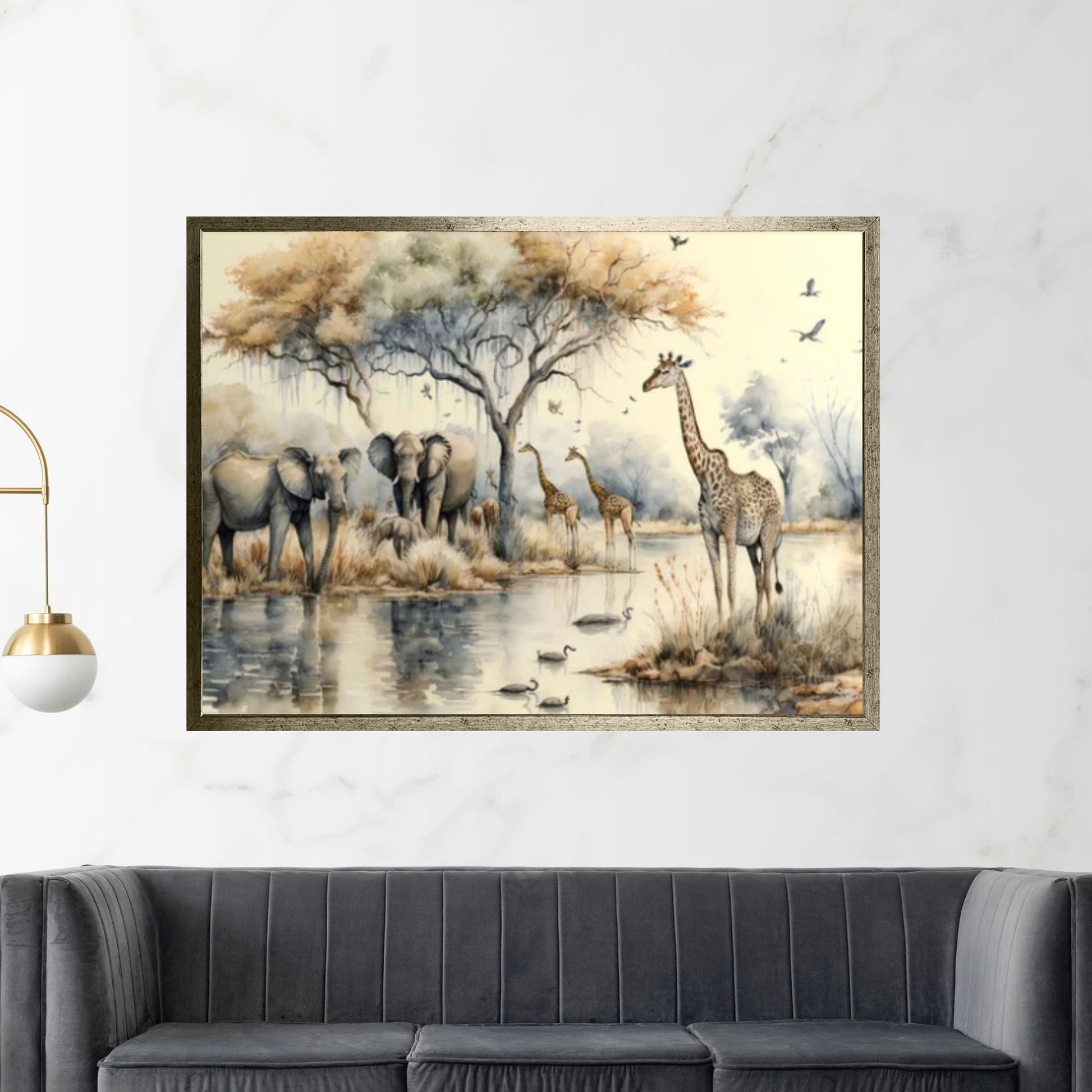 African Safari Tropical Jungle with trees , giraffes, elephants and birds Canvas Wall Art - Y Canvas