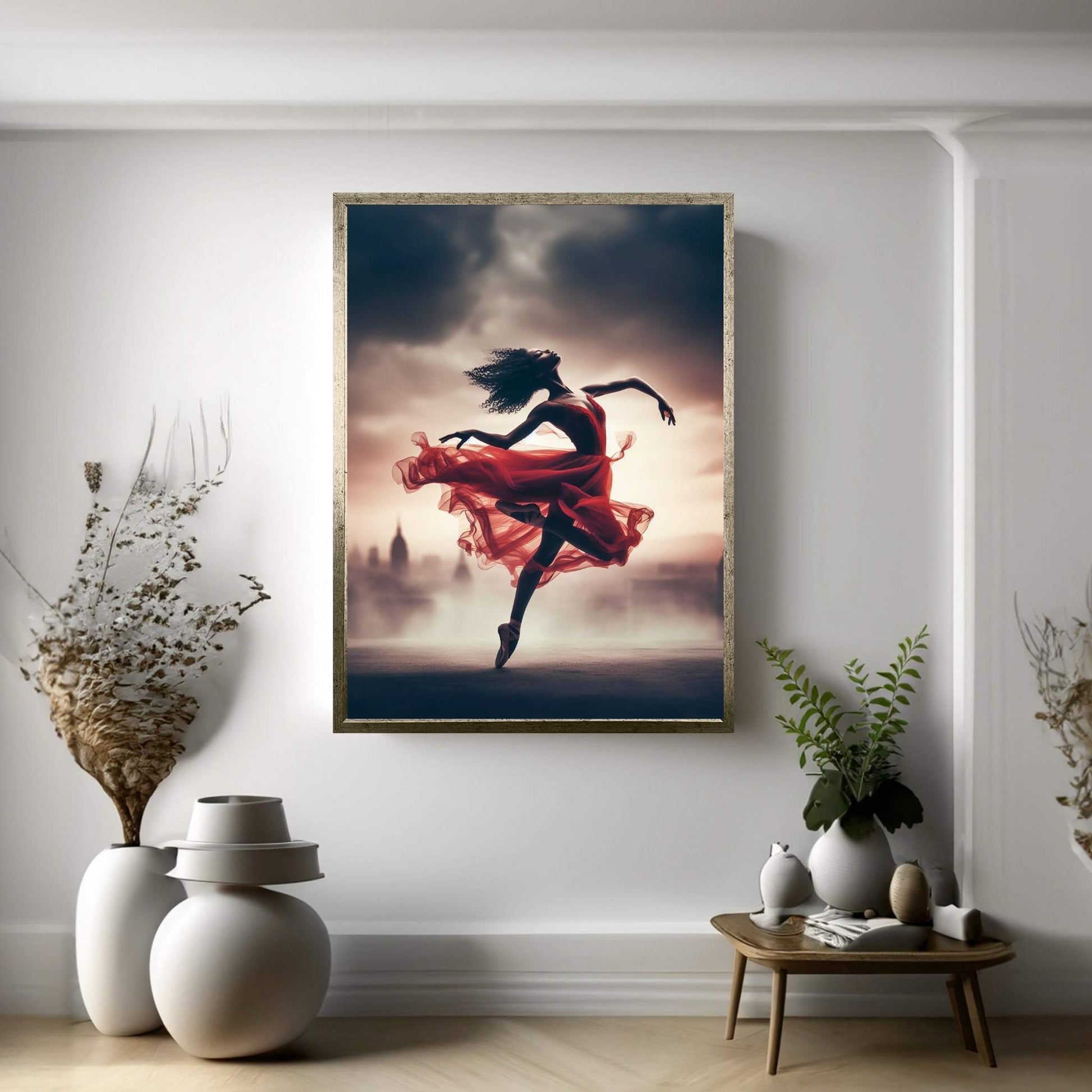 African Black Woman Ballerina in Red Dress Canvas Wall Art Home Decor - Y Canvas