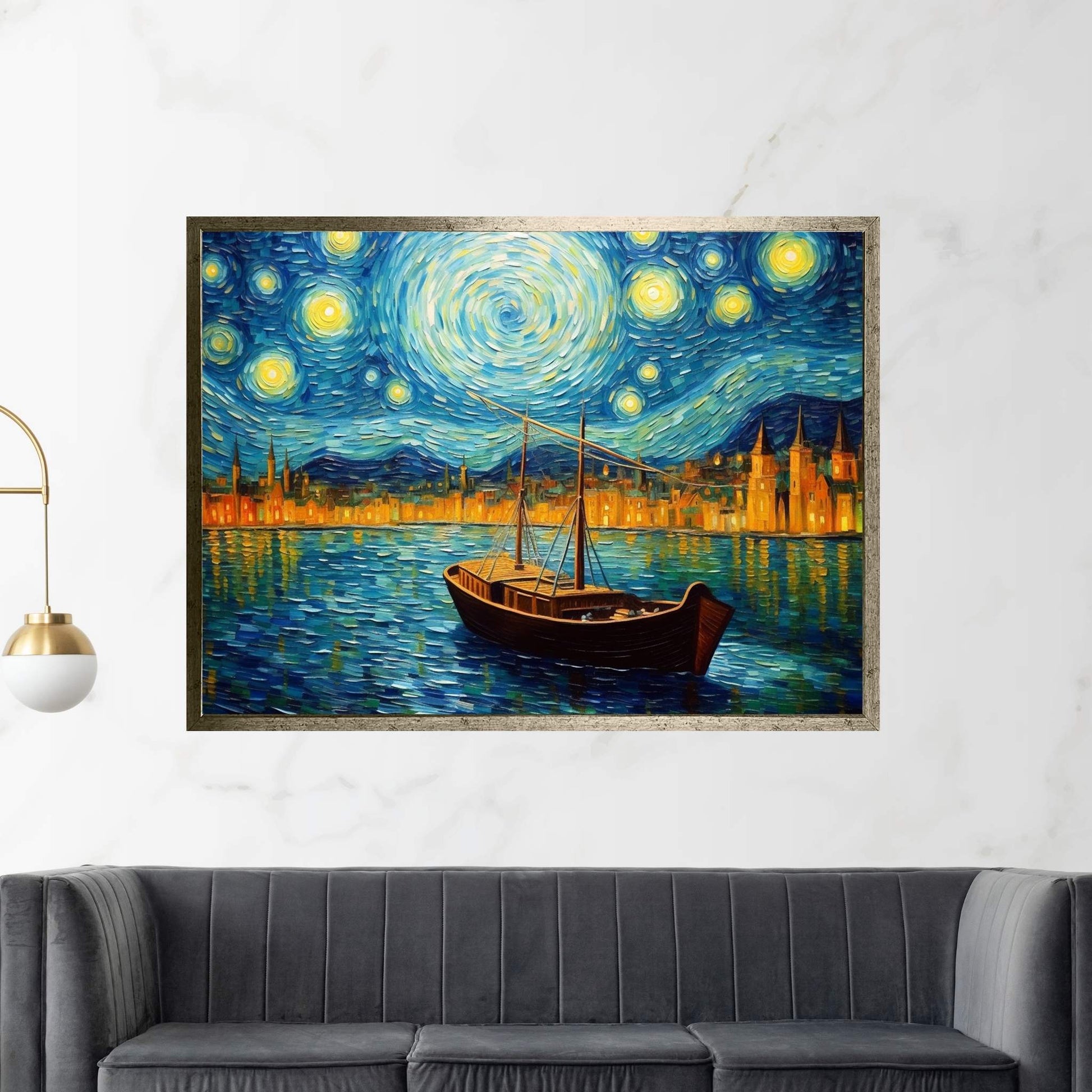 Van Gogh Style Starry Nigt Boat Ship Landscape Reproduction Canvas Wall Art - Y Canvas