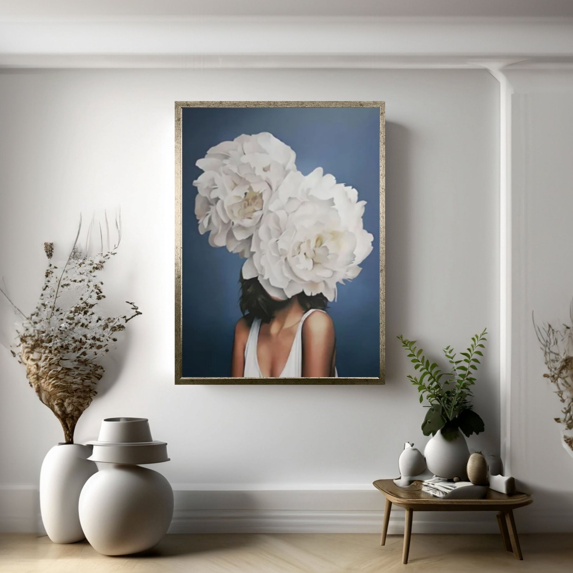 Floral Female Head Canvas Art, White Rose Wall Art, Roses and Woman, Floral Head Woman Art - Y Canvas