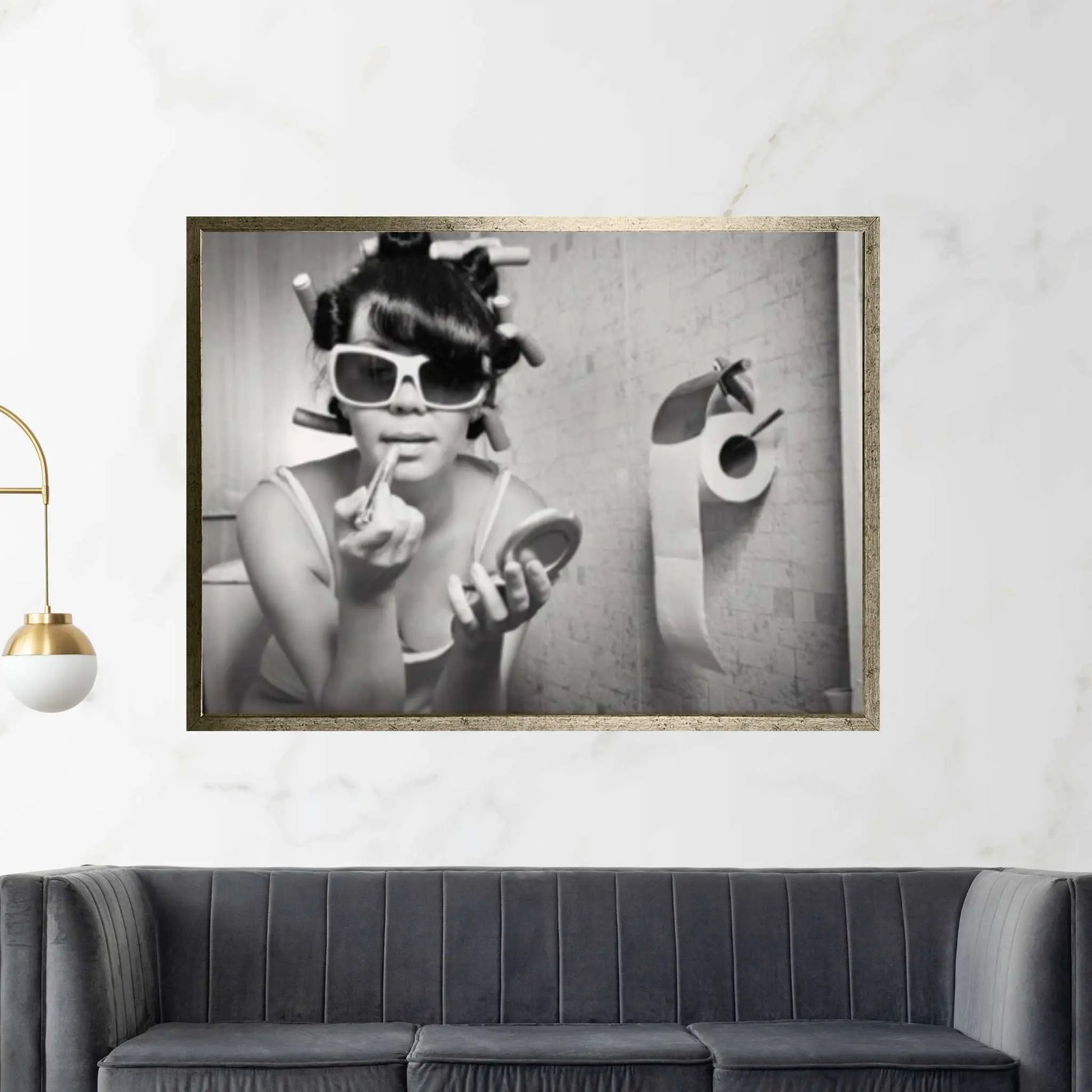 Bathroom Wall Art Woman Drinking Toilet And Smoking Girl Bathroom Wall Decor Fashion Funny Bathroom Art,Girl on the Toilet Lipstick Makeup - Y Canvas