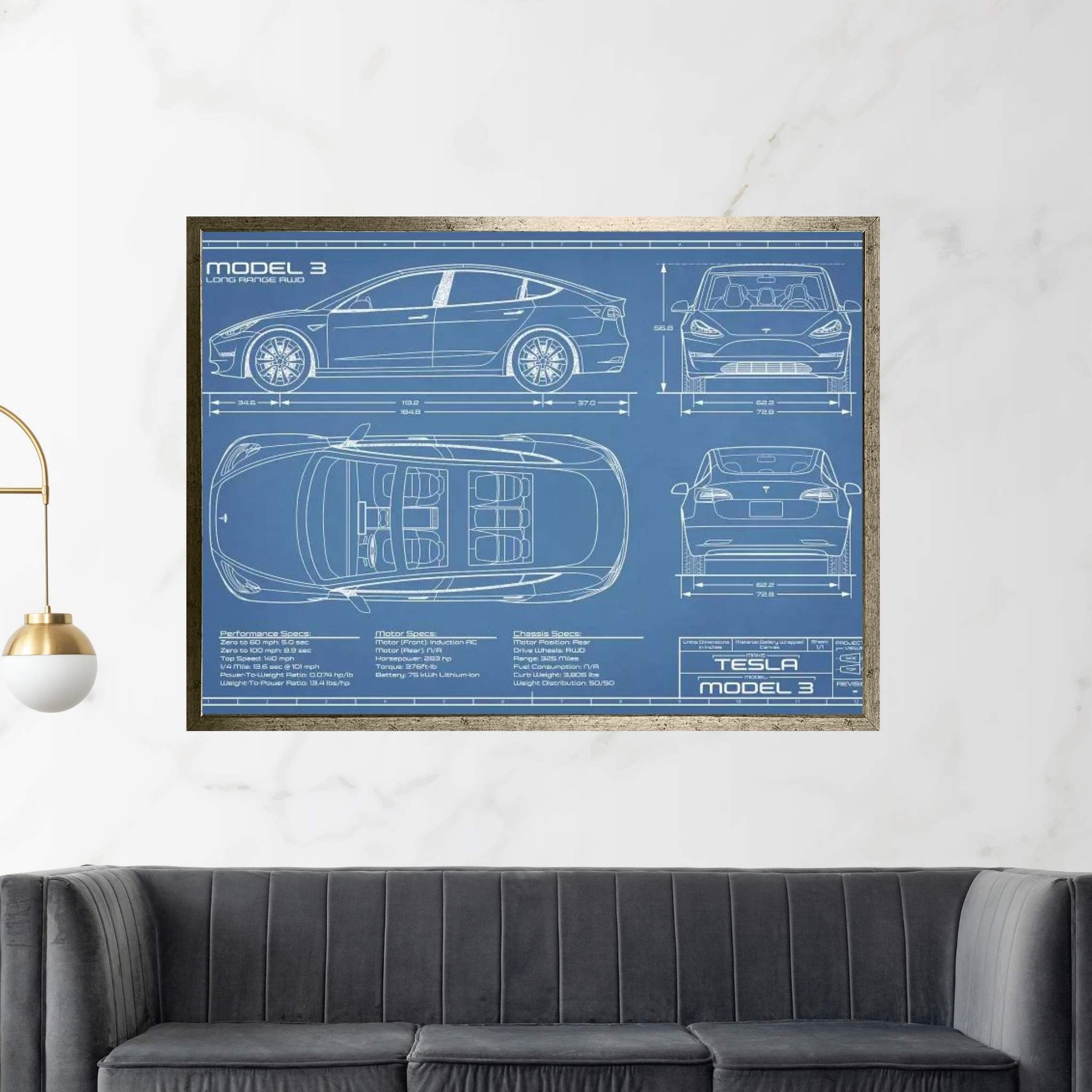 Tesla Model 3 (Long Range RWD) Blueprint Canvas Wall Art - Y Canvas