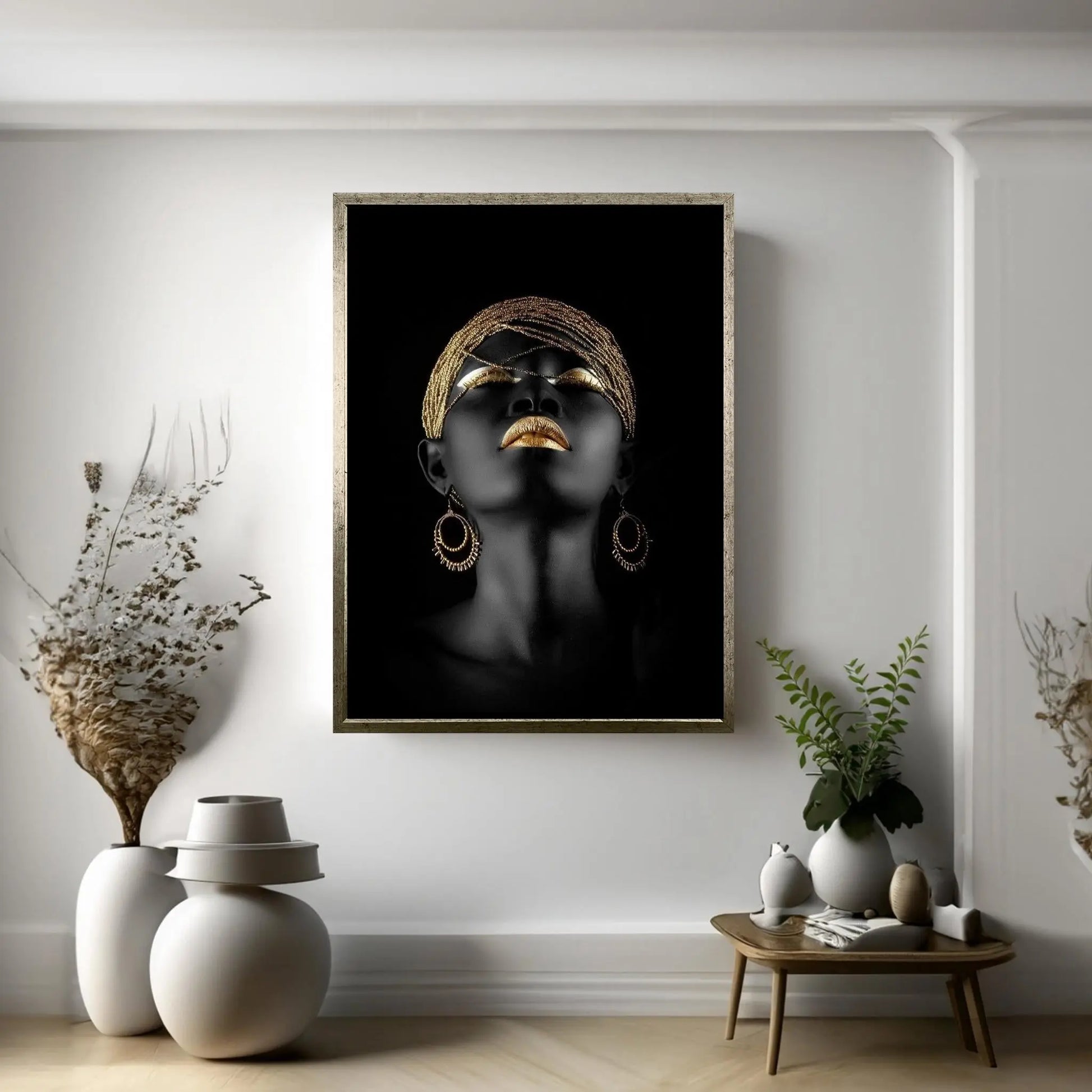 African Black Woman Portrait, Afro Art, Gold Makeup African Woman Makeup Wall Art - Y Canvas