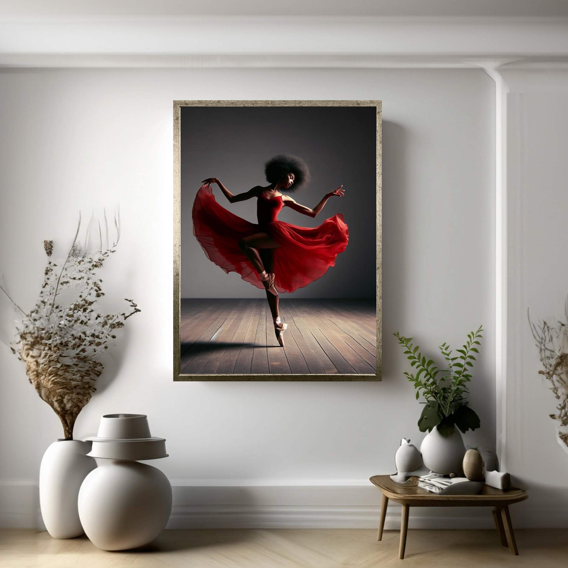 African Black Woman Ballerina in Red Dress Canvas Wall Art Home Decor - Y Canvas