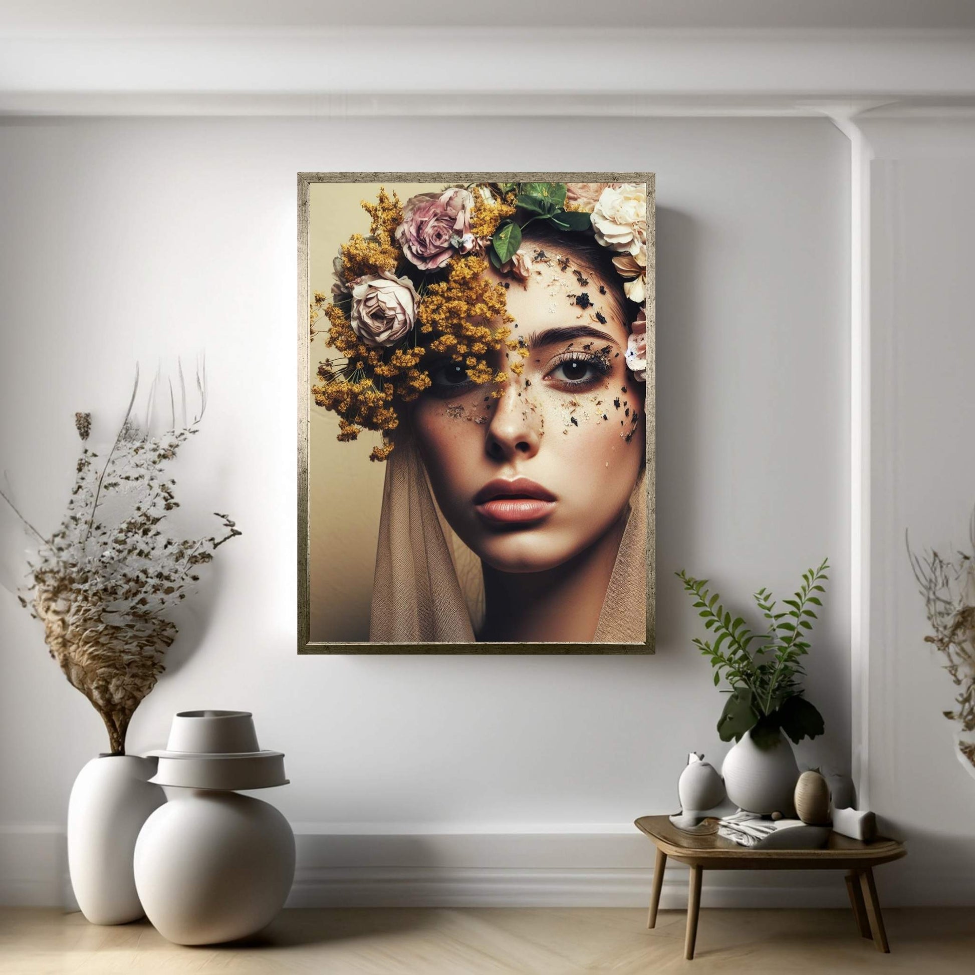 Woman Portrait Flower Head Canvas Wall Art - Y Canvas