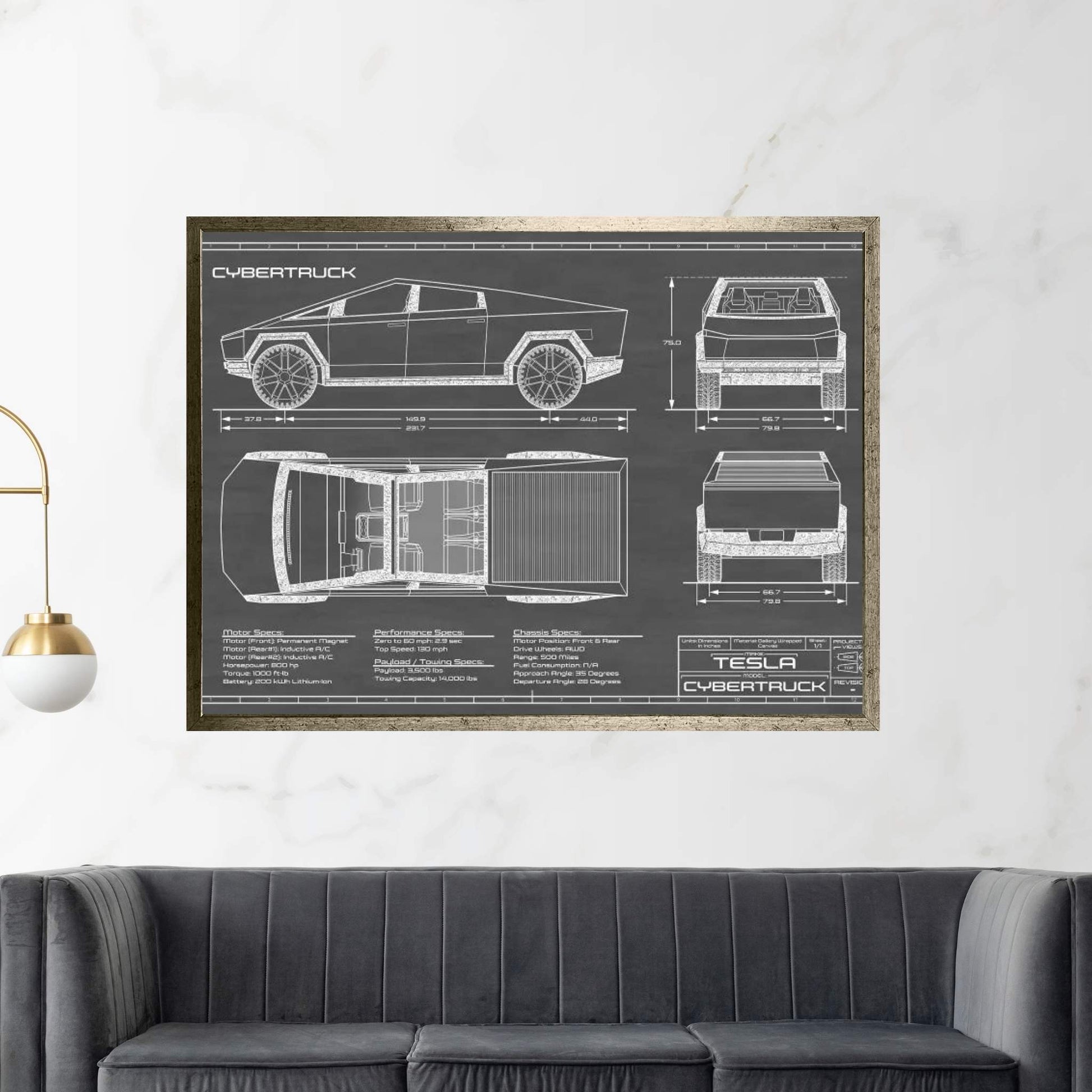 Tesla Cybertruck (2020-2022) Black Canvas Wall Art - Y Canvas