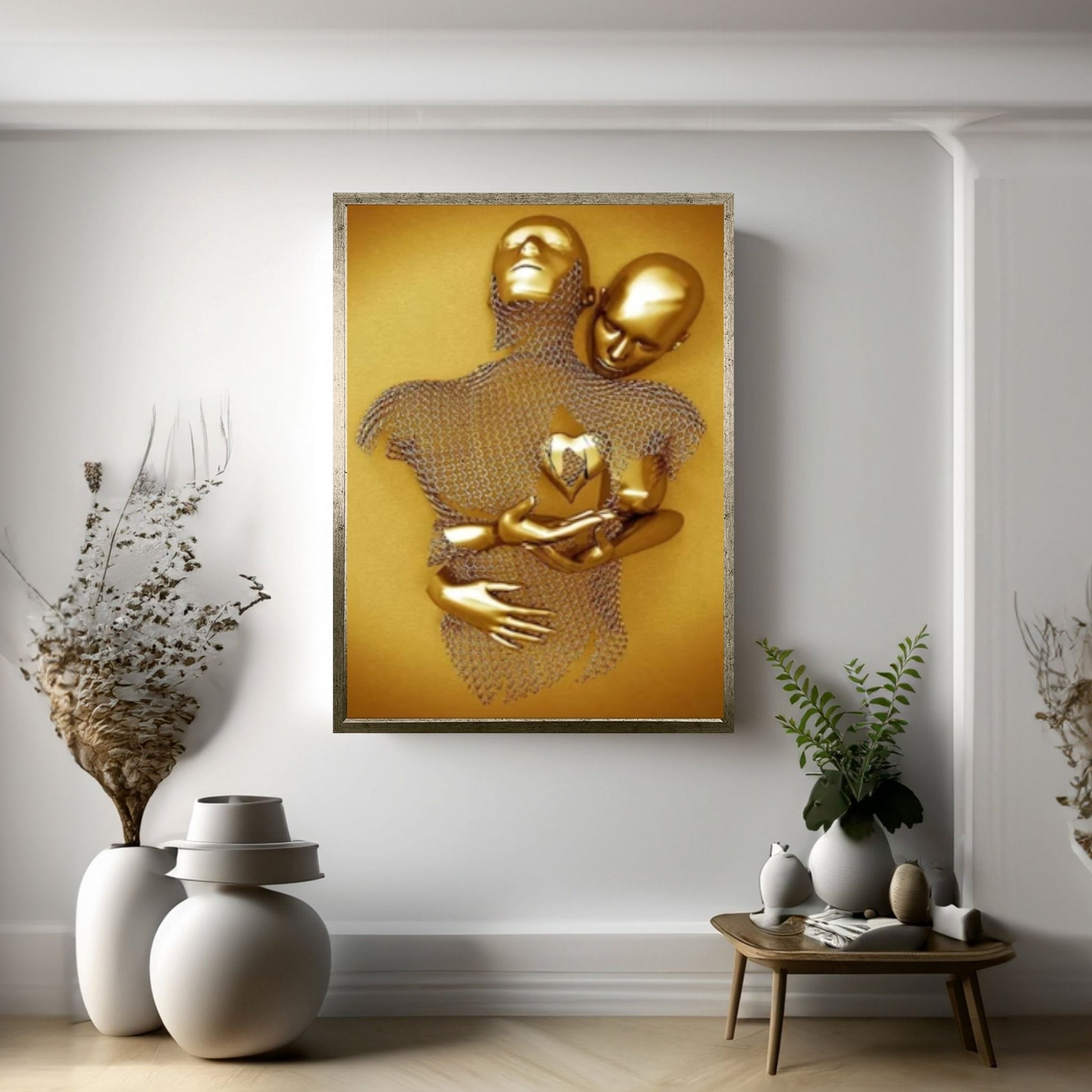 Couple Kissing Canvas Wall Art Gold Modern Stunning Wall Decor, Love heart Wall Art - Y Canvas