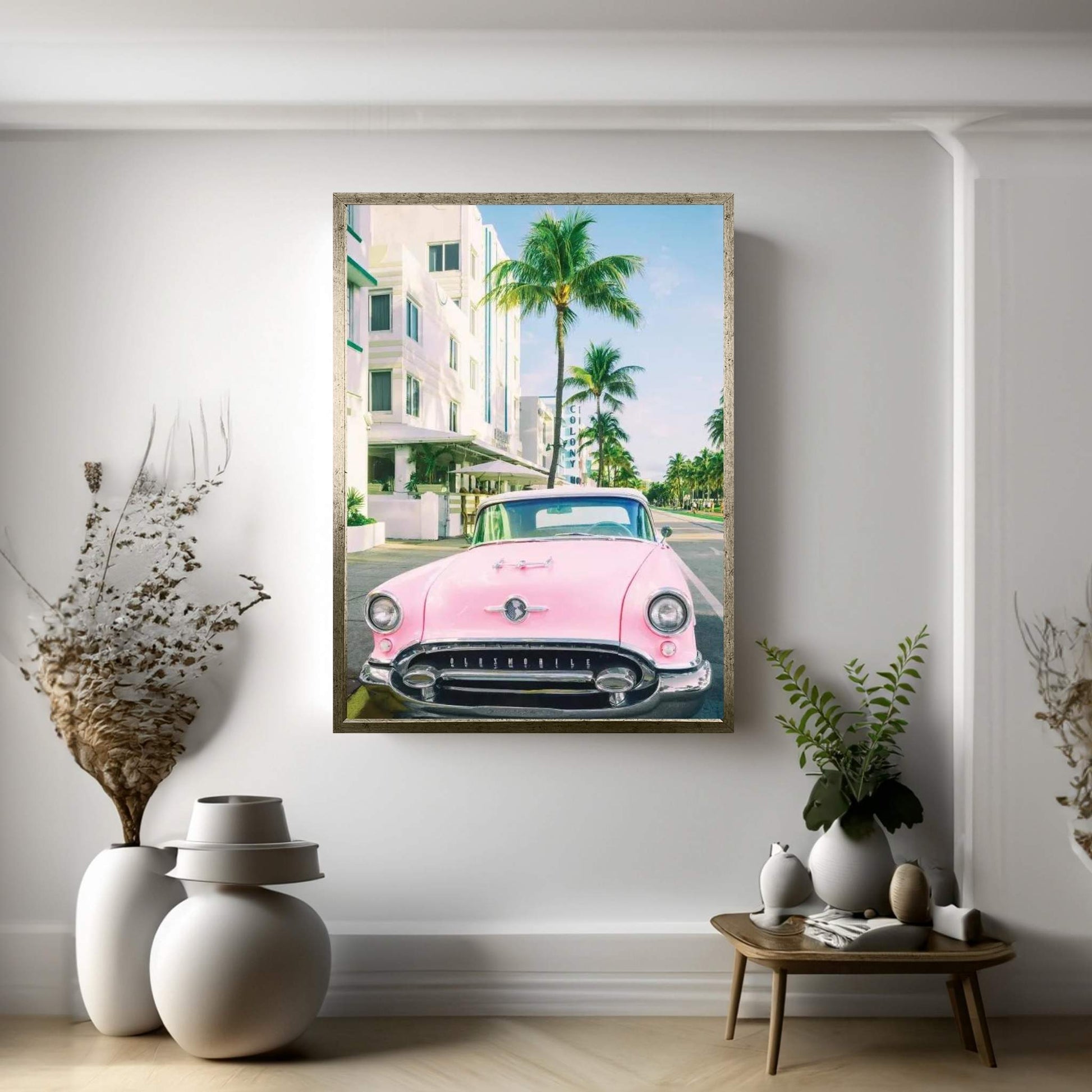 Pink Oldsmobile, Miami Art Deco, Florida Canvas Wall Art - Y Canvas