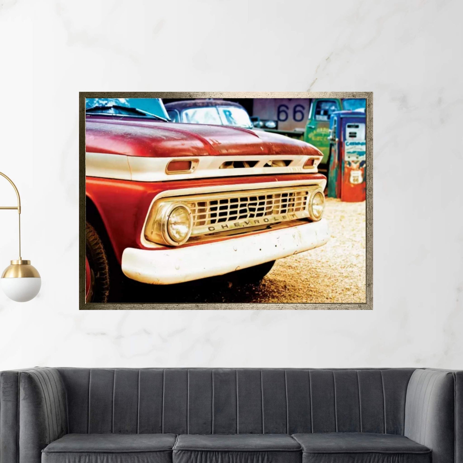 Classic Chevrolet Grill At U.S Route 66 Fill-Up Station Canvas Wall Art - Y Canvas