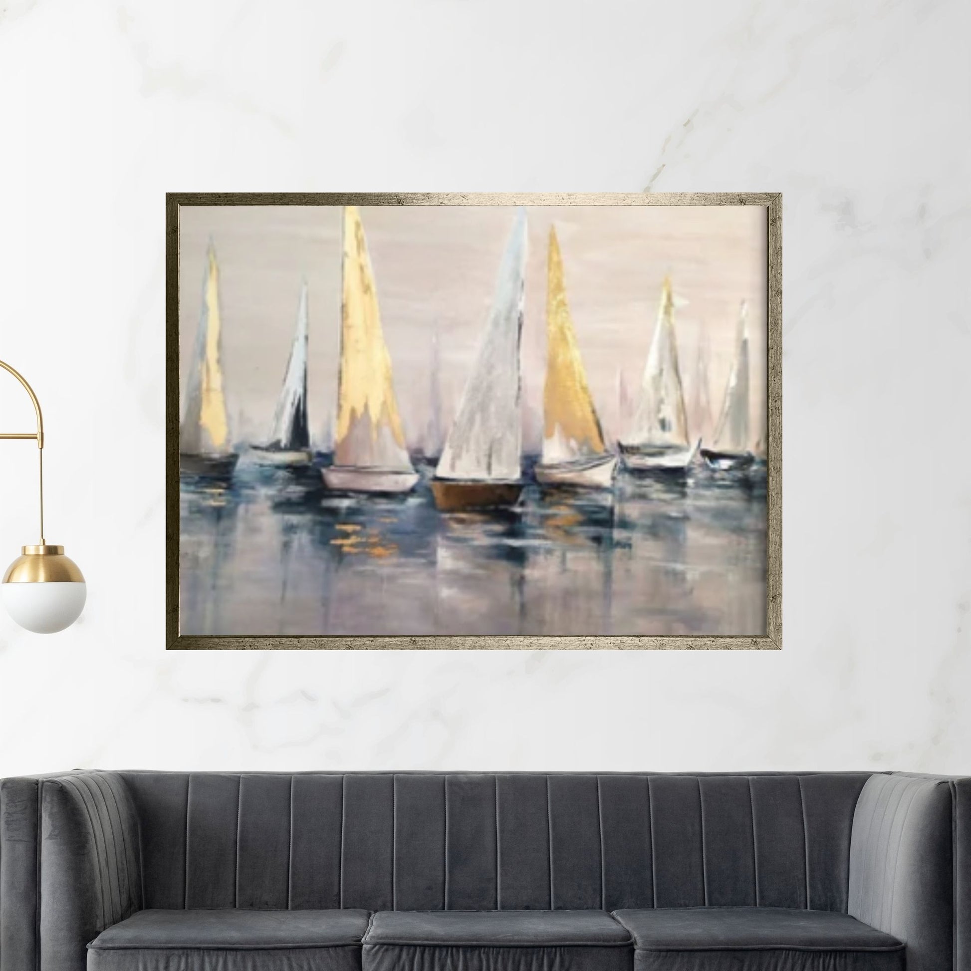 Original Sailboats Gather in The Harbor Landscape To Canvas Wall Art ,Nautical oil painting art on Canvas, Large Sailboat abstract painting - Y Canvas