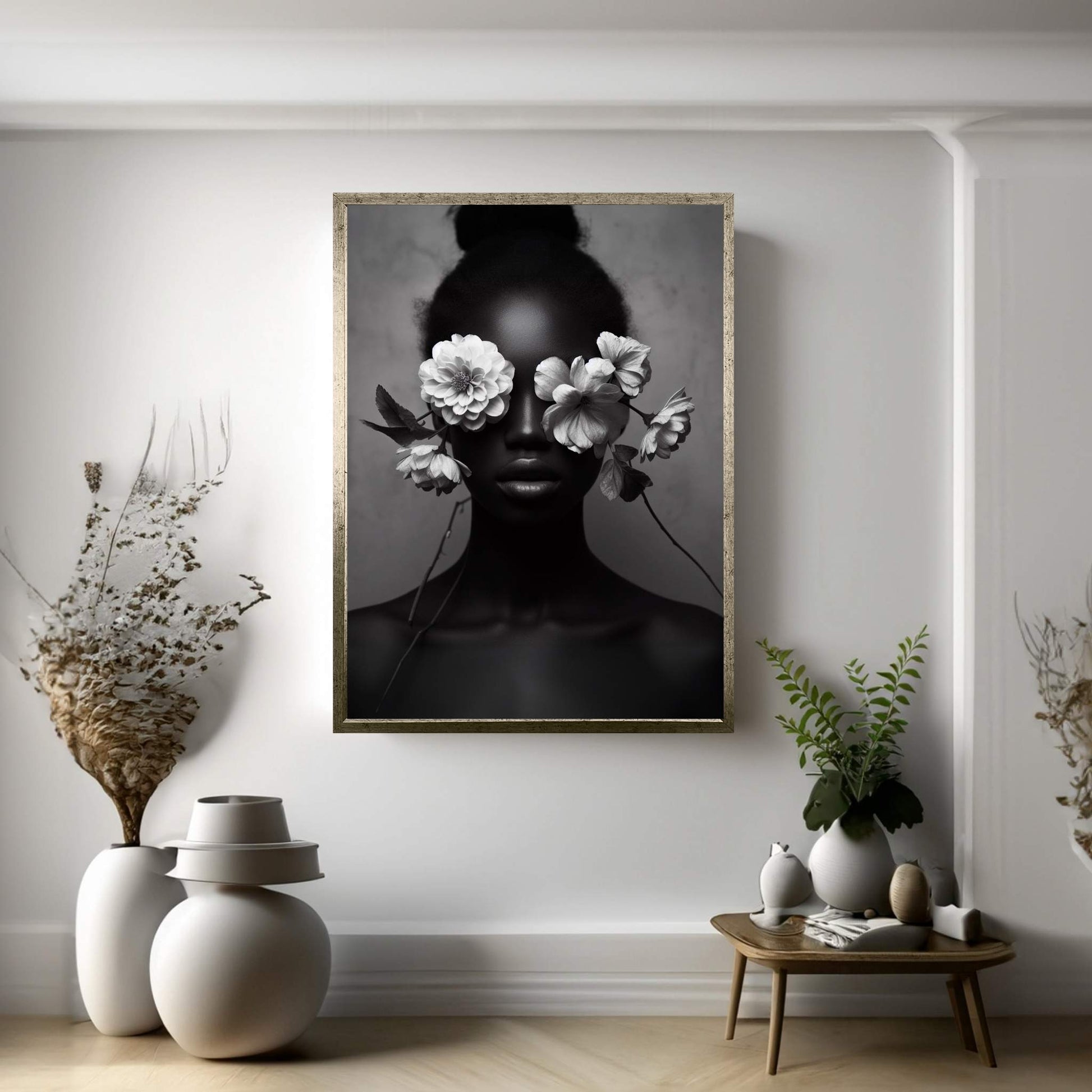 African Black Woman Canvas Flower Portrait Canvas Wall Art - Y Canvas