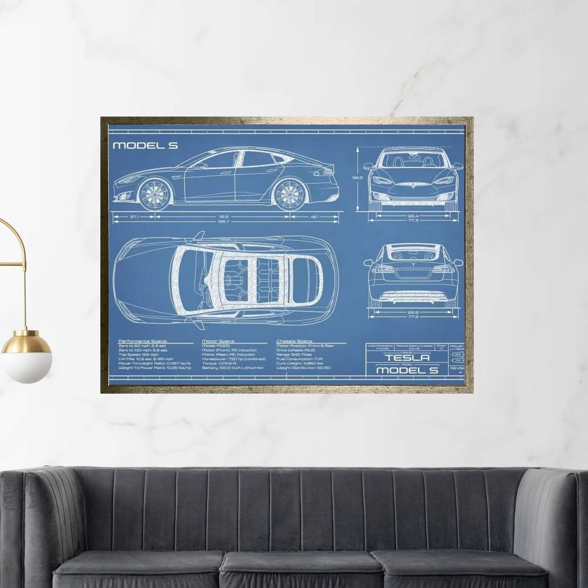 Tesla Model S (2016-2020) | Blueprint Canvas Wall Art - Y Canvas