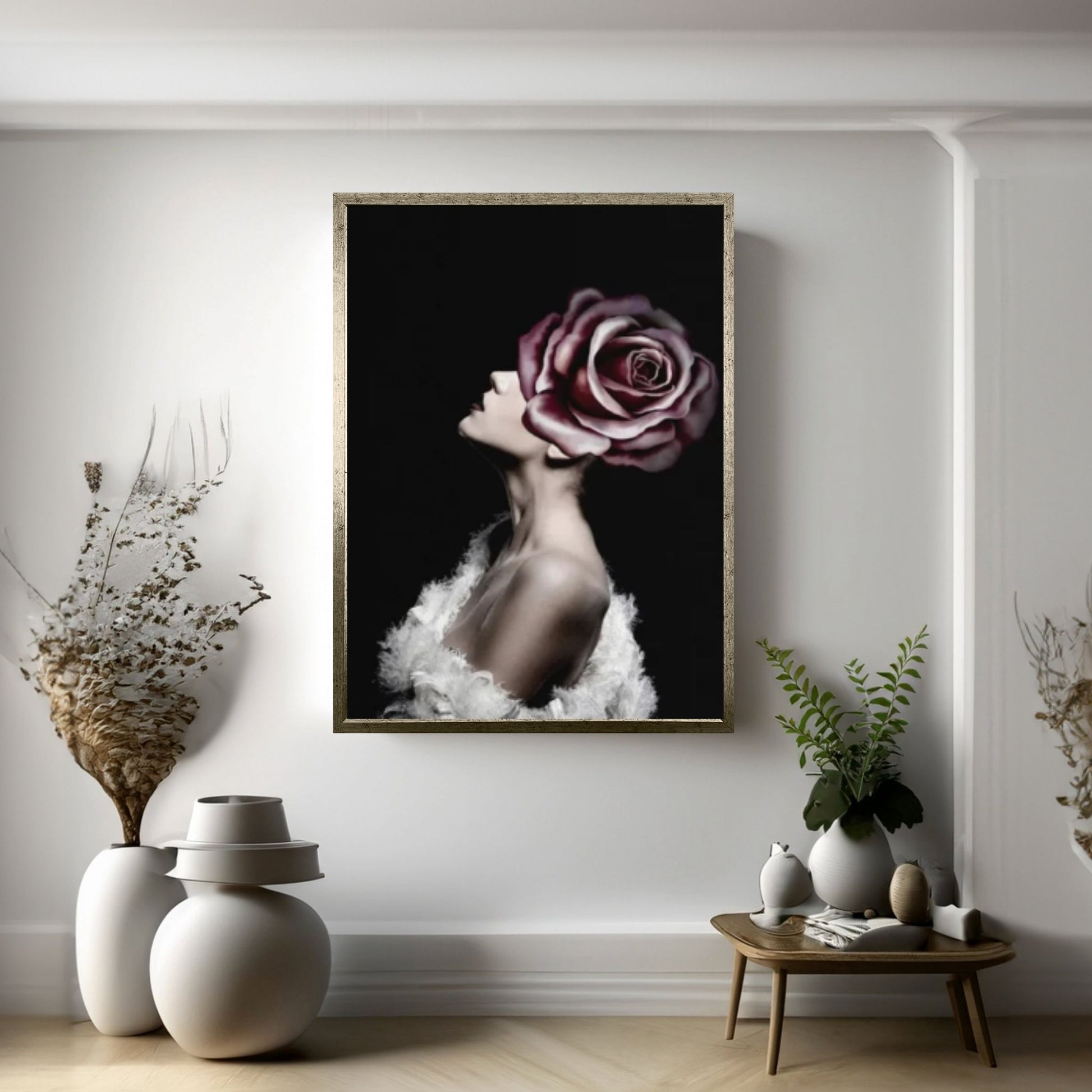 Floral Female Head Canvas Art, White Rose Wall Art, Roses and Woman, Woman Floral Art - Y Canvas