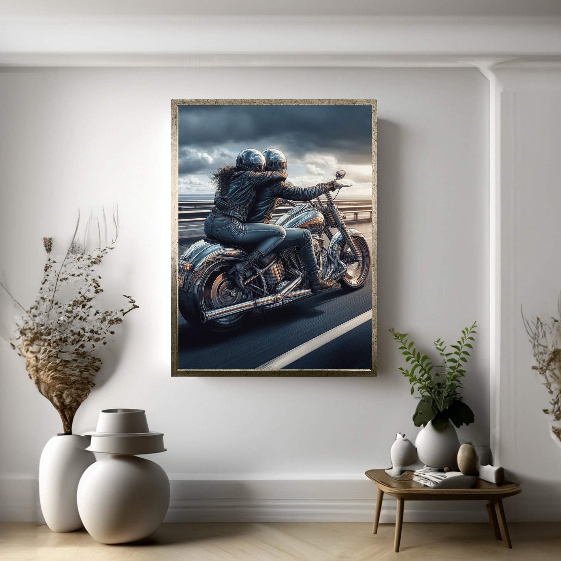 Metallic Couple Eiding A Motorcycle Canvas Wall Art - Y Canvas