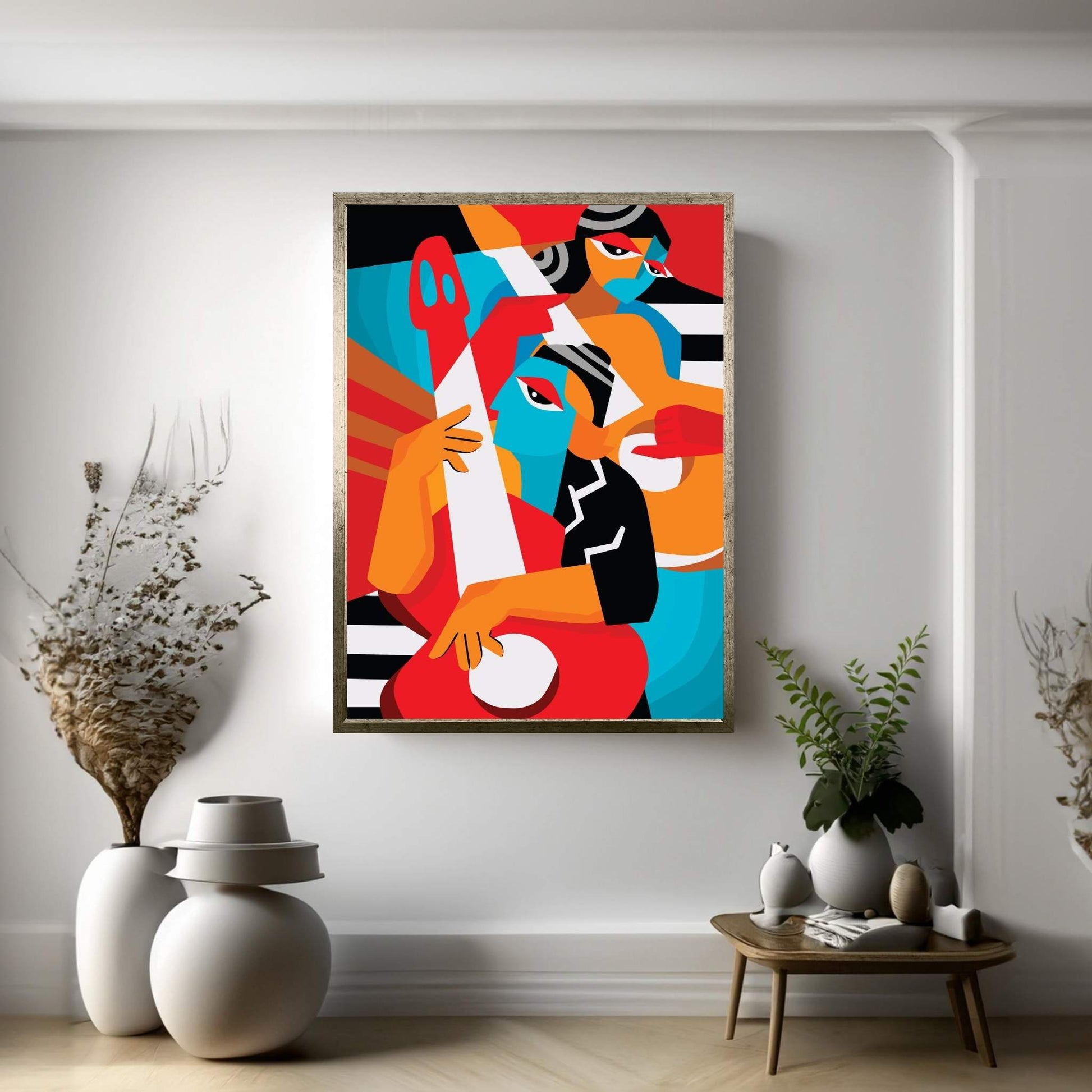 Husband and Wife Couple Playing Picasso Style Musical Instruments Canvas Wall Art - Y Canvas