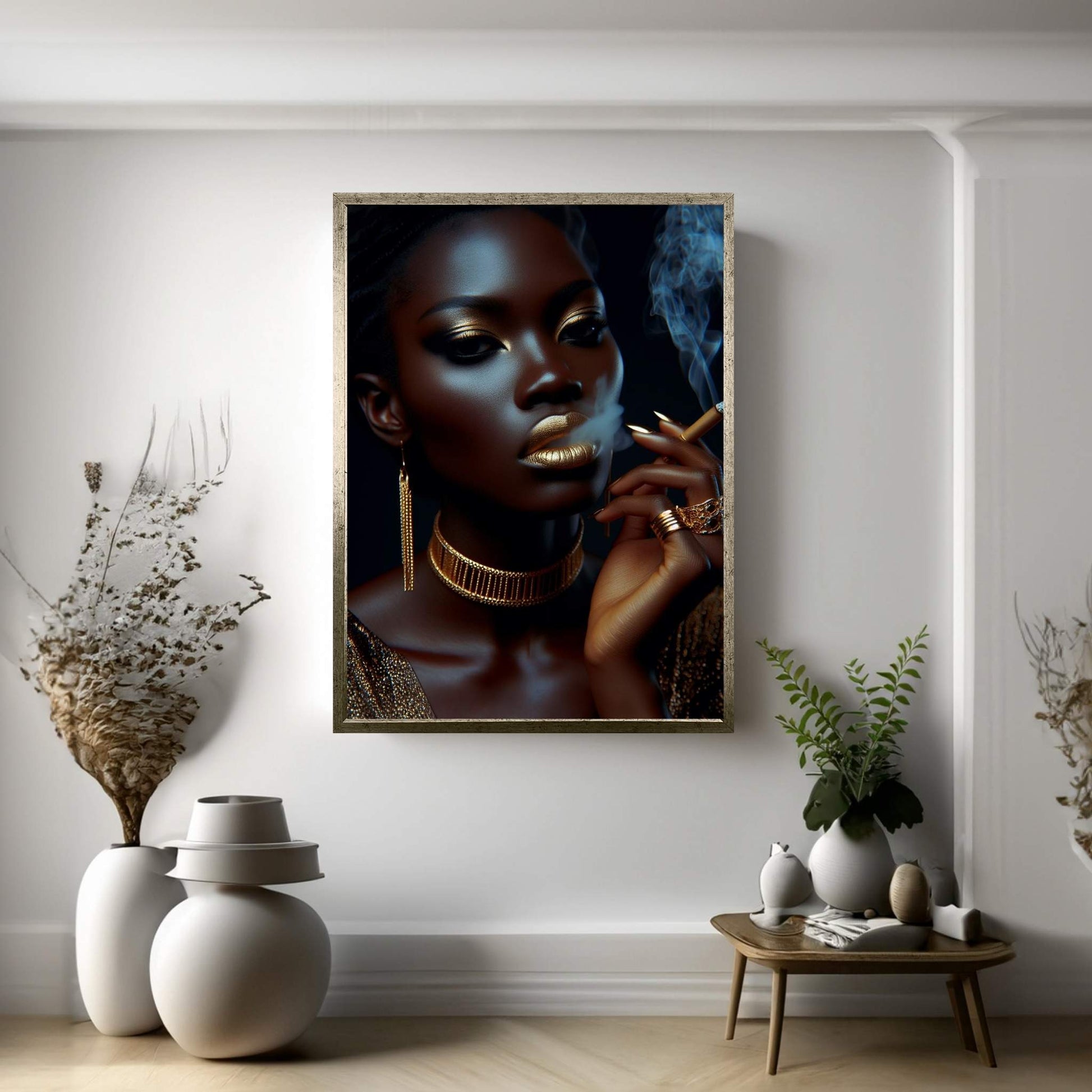 African Black Woman Gold Make-up Smoke Canvas Portrait Canvas Wall Art - Y Canvas