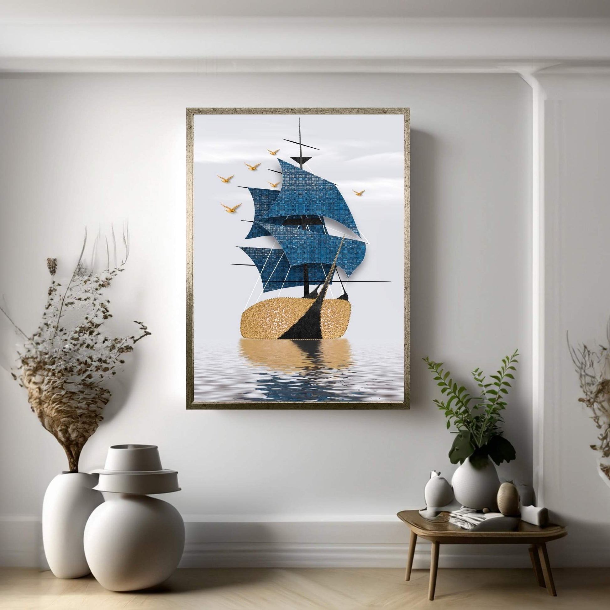 Blue Gold Boat, Ship Landscape, Birds, Sea Canvas Wall Art Print - Y Canvas