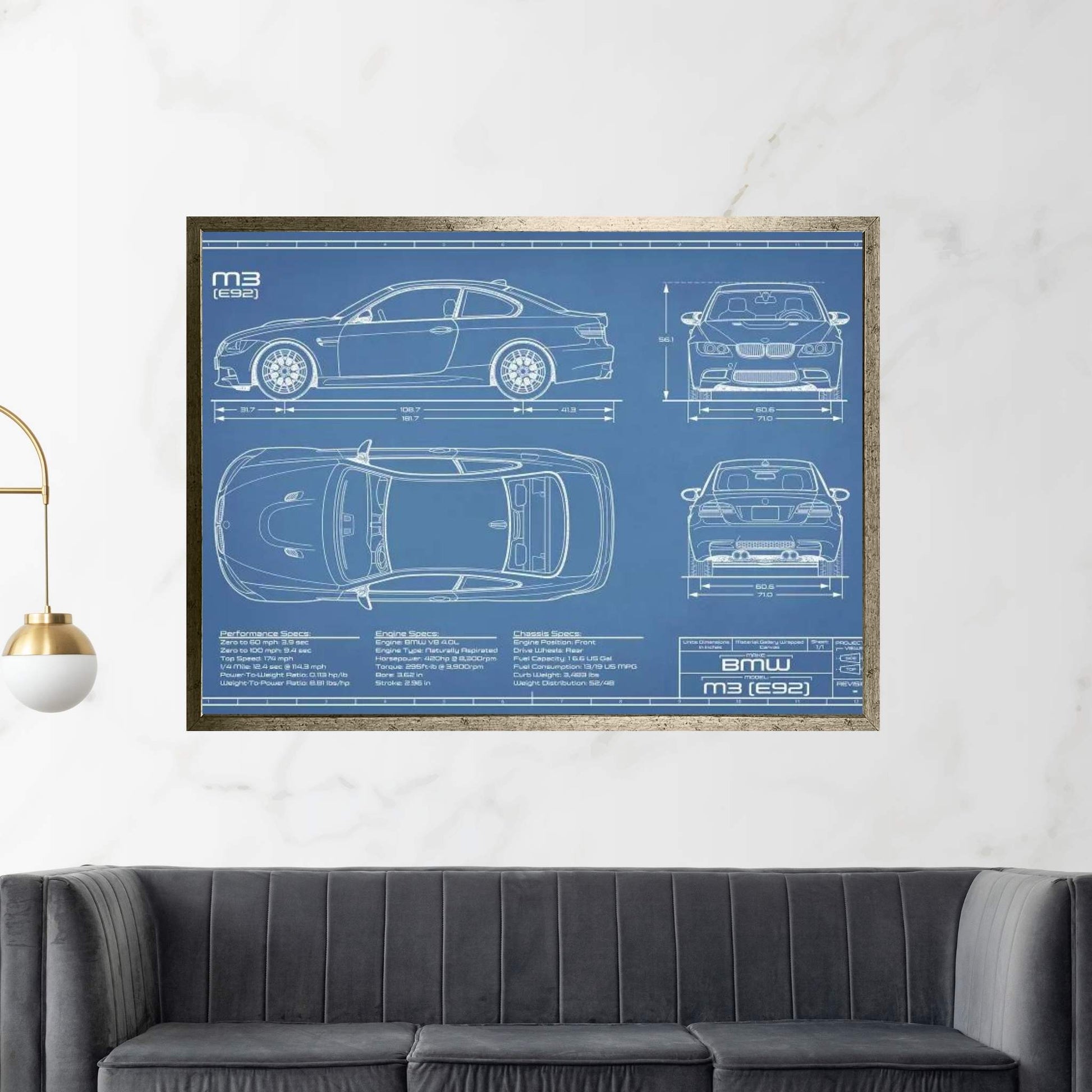 BMW M3 (E92) Blueprint Canvas Wall Art - Y Canvas