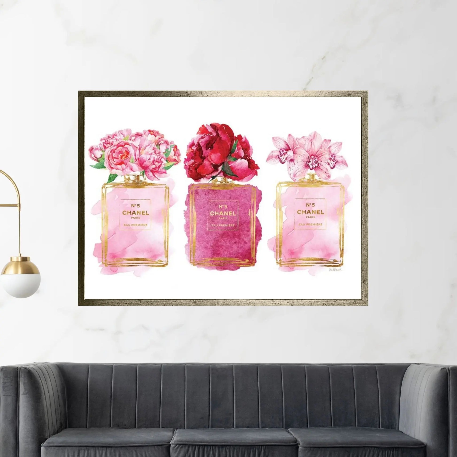 Three Perfume Bottles In Pink Canvas Wall Art - Y Canvas