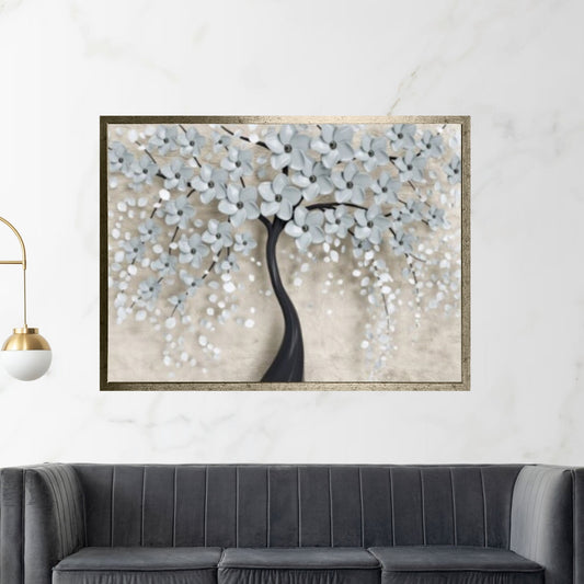 3D Tree With White Flowers Oil Painting On Canvas, White Cherry Flower, Large Wall Art, Palette Knife Painting - Y Canvas