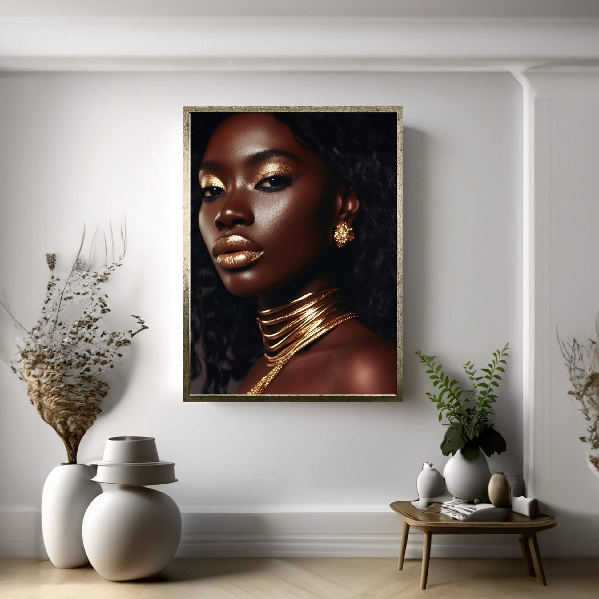 African Black Woman Gold Make-up Canvas Portrait Canvas Wall Art - Y Canvas