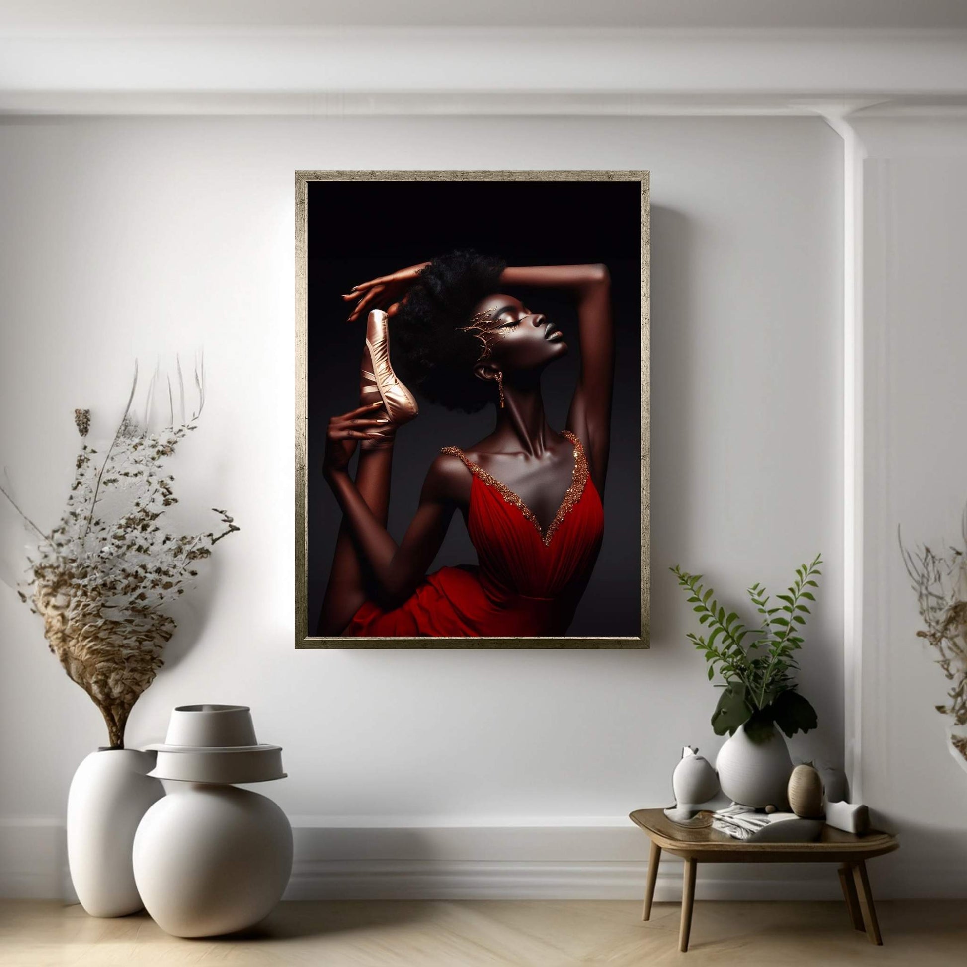 African Black Woman Ballerina in Red Dress Canvas Wall Art Home Decor - Y Canvas