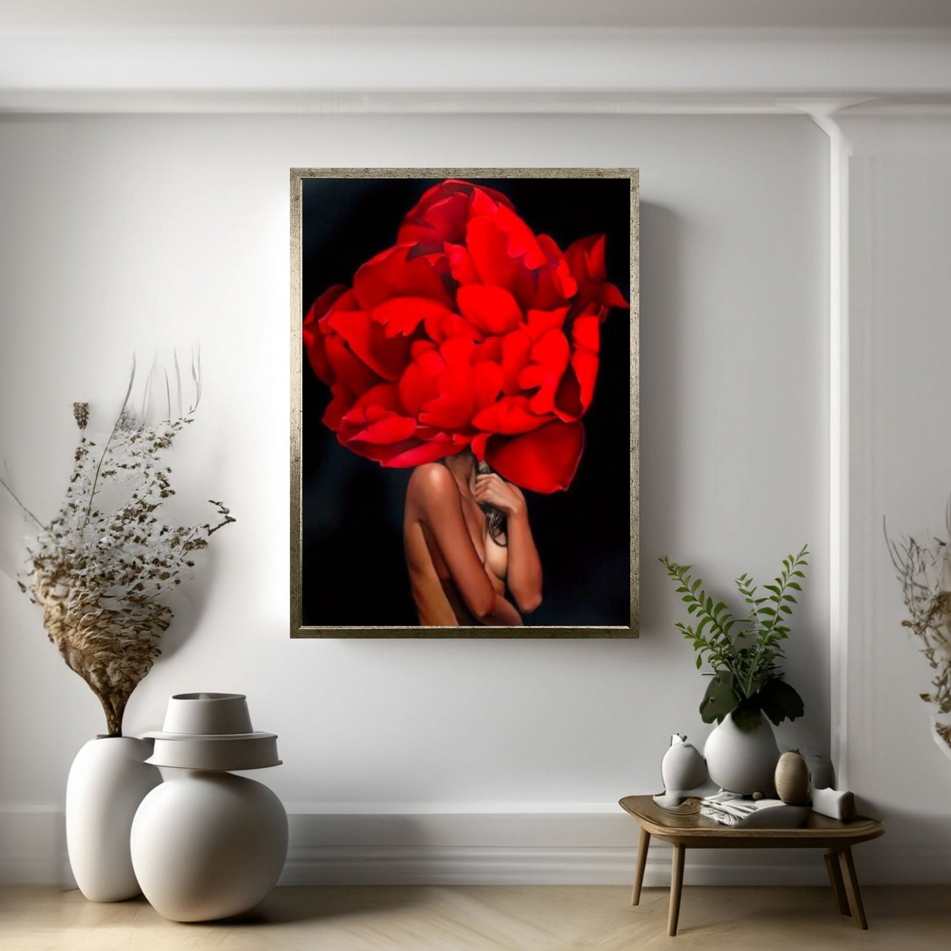 Red Rose Head Woman Canvas Painting - Y Canvas