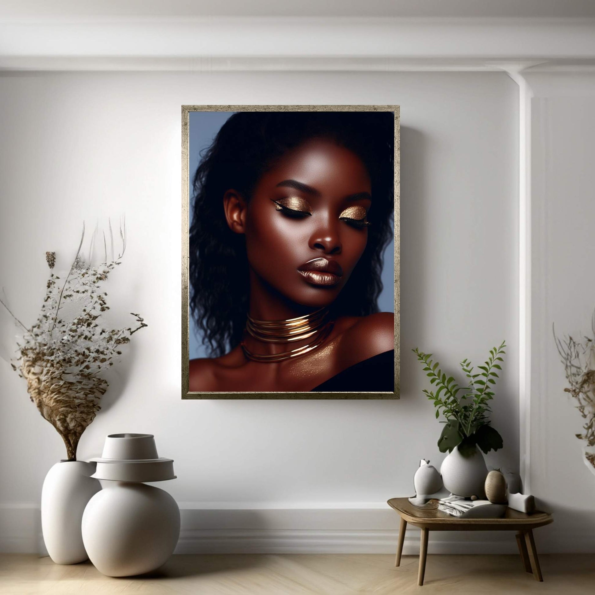 African Black Woman Gold Make-up Canvas Portrait Canvas Wall Art - Y Canvas